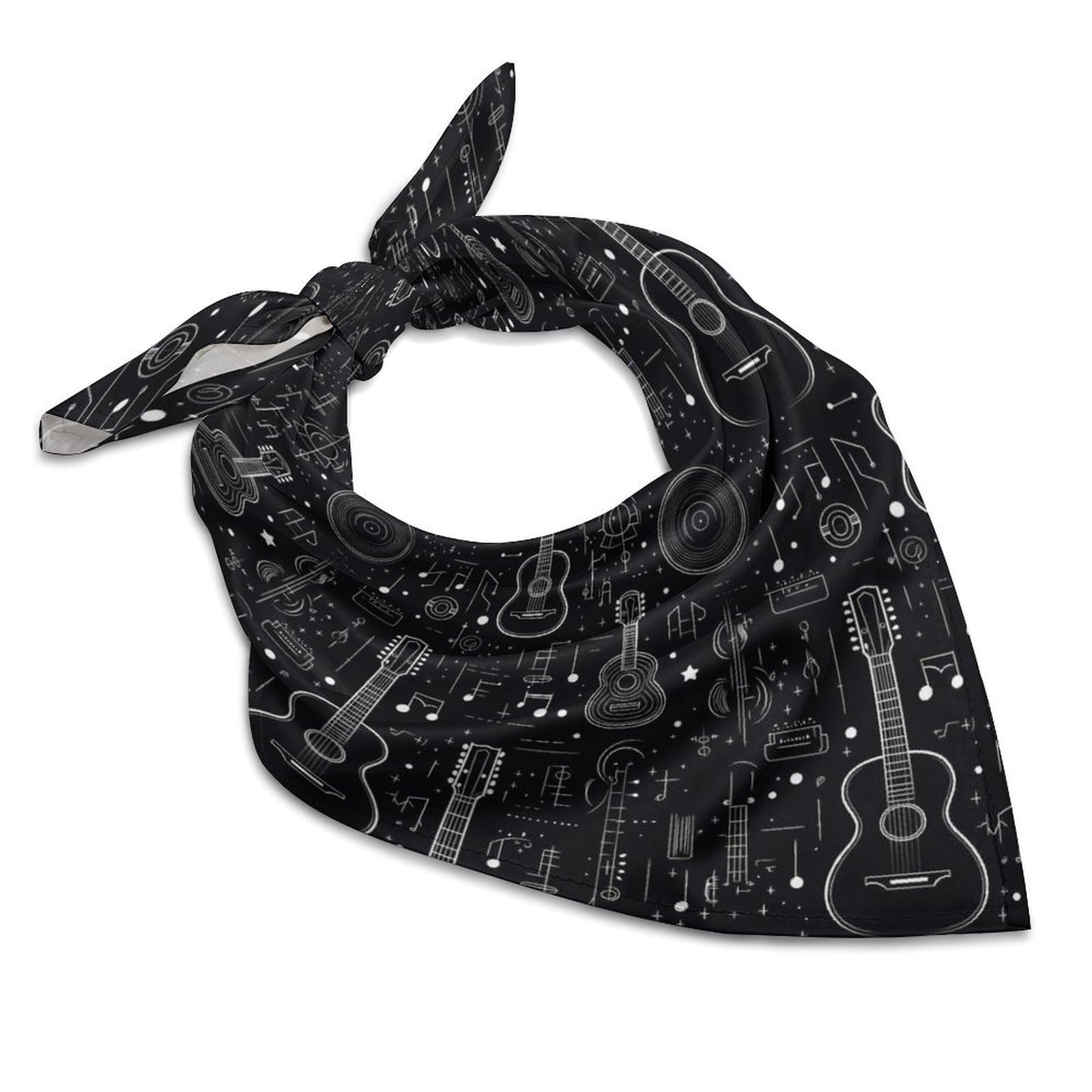 Bandanas negras con estampado de guitarra para mujeres y hombres, bandana de seda, pañuelo para la cabeza, pañuelo para el cabello