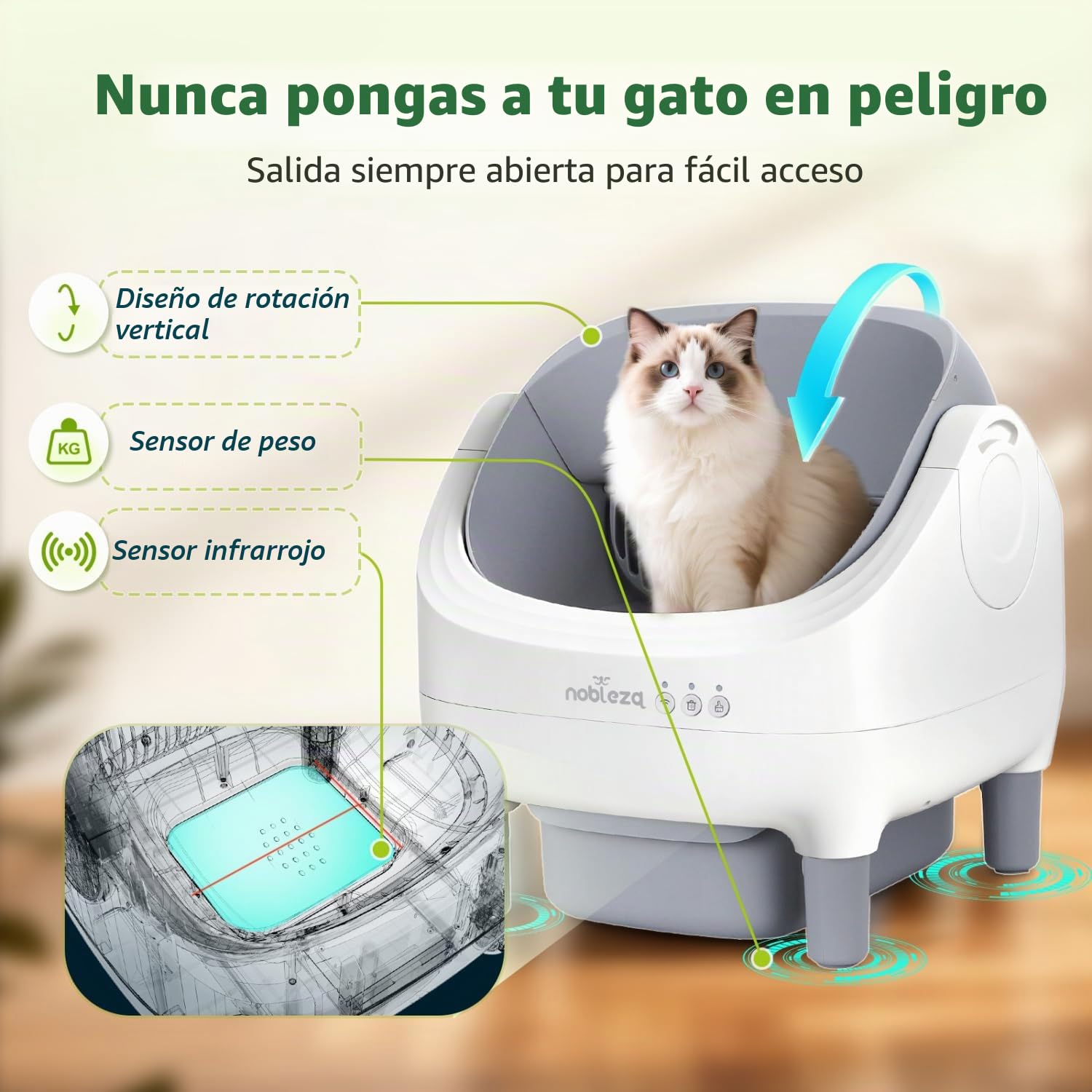Nobleza Arenero Autolimpiable para Gatos SL03 - Caja de Arena Automática con Control por App, Diseño Abierto y Seguro, Capacidad XXL 12L para Varios Gatos, Incluye Bolsas y Ambientador, Blanco