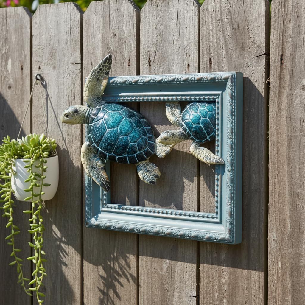 Comfy Hour 8" 3D Sea Turtle Wall Decorative Frame, Artisan Crafted Coastal Beach Theme Sculpture, Nautical Resin Wall Art Plaque for Bathroom & Living Room, Ocean Voyage Collection, 1 Unit