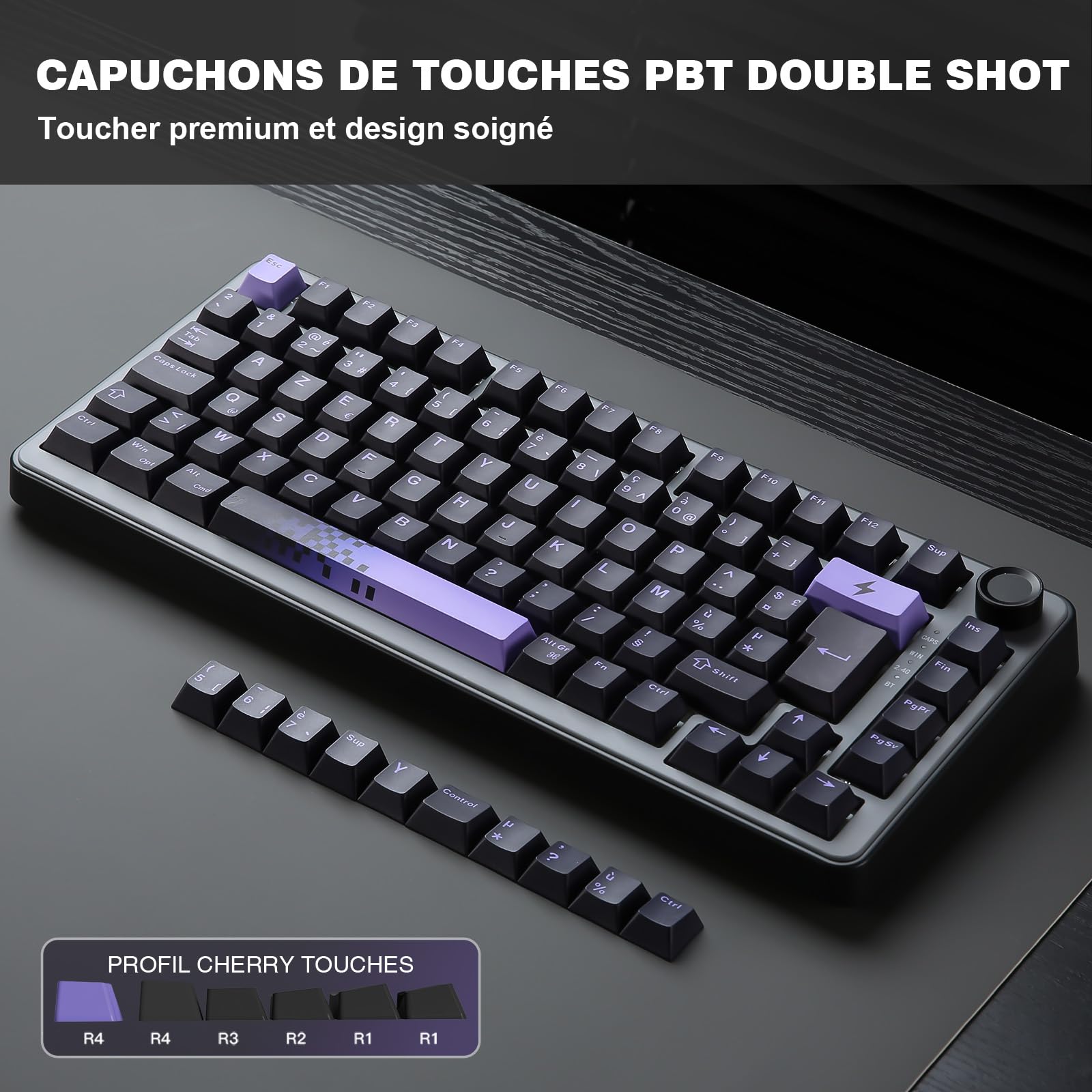 YUNZII B75 Pro ISO FR & DE Clavier Gamer sans Fil (Noir Violet, Milk V2) | AZERTY Français & QWERTZ 75% Disposition avec Bouton, 2.4 Ghz/Bluetooth/Filaire Gasket Mounted, Hotswap, RGB, Windows/Mac