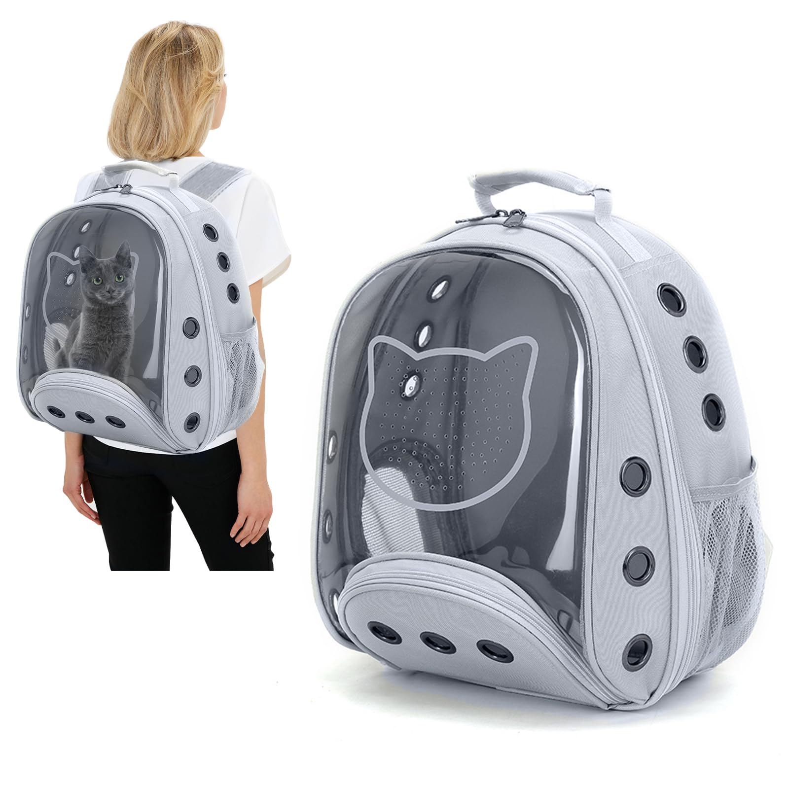PETCUTE Katzenrucksack für Katzen und Kleine Hunde,Atmungsaktive Hunderucksack mit Abnehmbarer Matte,Katzen Rucksack bis 6kg,Faltbare Haustier Rucksack mit Transparentes Fenster,für Reisen Hellgrau