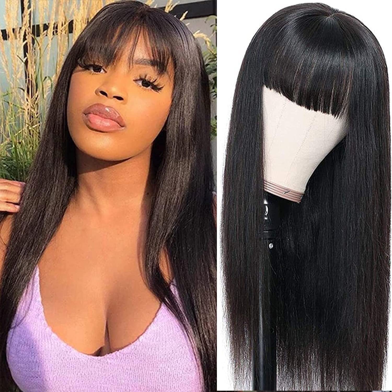 Straight Bang Wig Human Hair for Women Brazilian Virgin Human Hair Wig with Bang Machine Made Glueless Wig 150% Density Wig with Fringe 24 Inch Natural Black Color