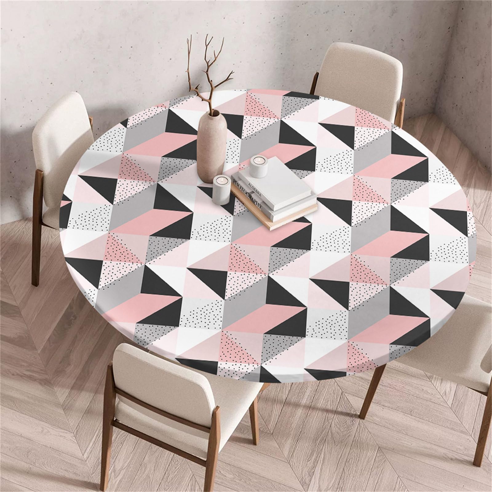 Treer Round Tablecloth, Geometric Texture Wipeable Round Table Cloth, Washable Table Protector, Elastic Edged Fitted Backed Table Cover for Dinning Room Kitchen Picnic Party (Pink,100cm)
