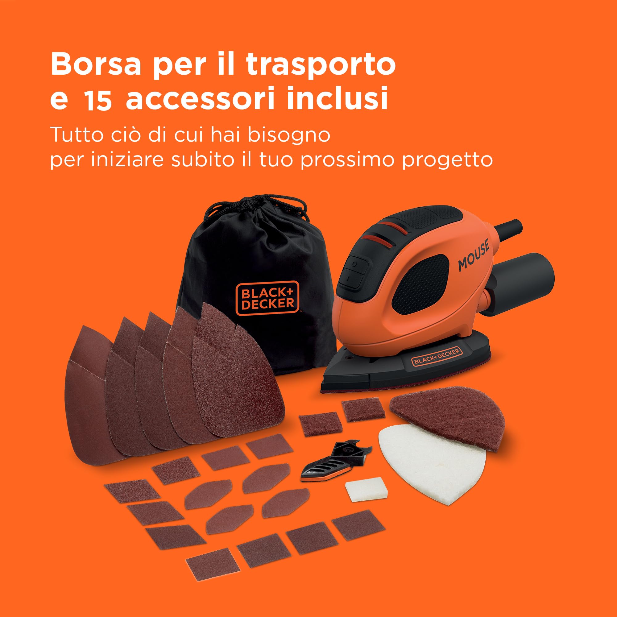 BLACK+DECKER, NUOVA LEVIGATRICE MOUSE MULTIFUNZIONE 55W con 15 Accessori. BEW230BC-QS