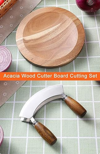 Miniatura 5 de TIYOORTA Picador de ensalada con tabla de cortar redonda de madera  Cuchillo Mezzaluna con cubierta protectora y mango antideslizante de acero