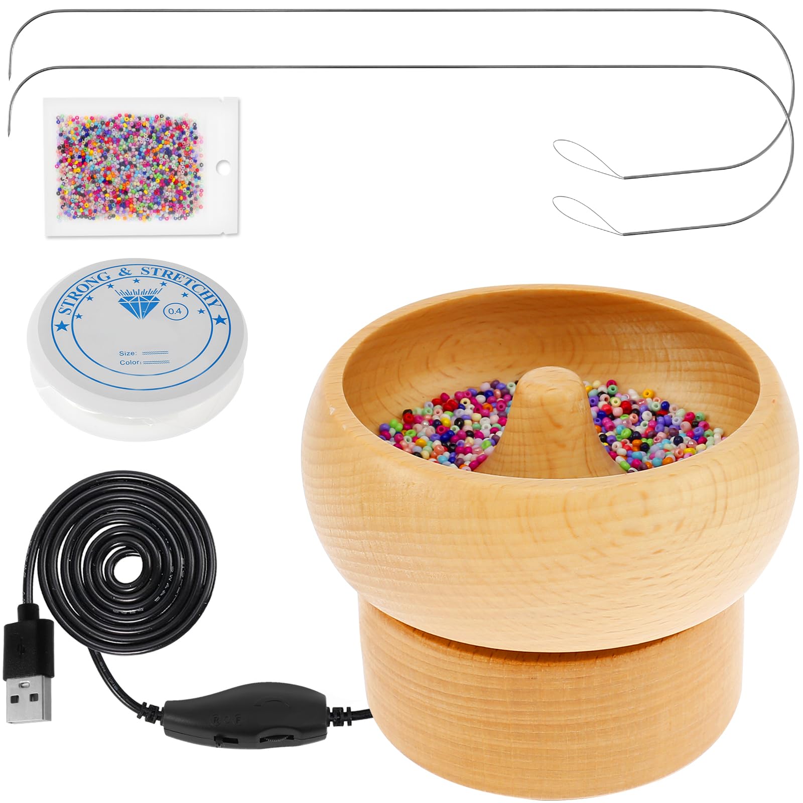 Sutowe Electric Wooden Bead Spinner Usb Powered Spin Beading Bowl Kit Adjustable Speed And Direction Spin Bead Loader With 2 Beading Needles 2000 Beads For Bracelets Jewelry Making
