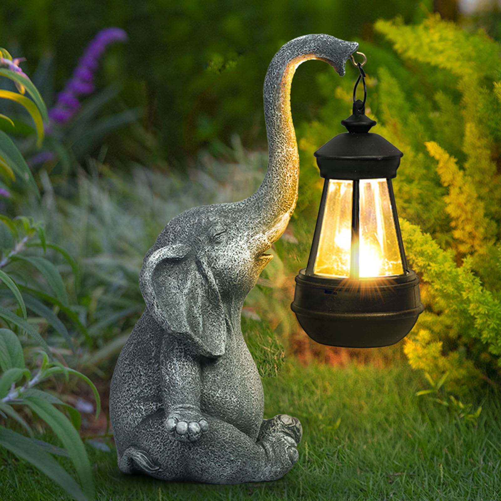 Flintronic Elefante Estatua decoración, 33.5cm Figuras Decorativas de Jardín luz Solar, con Farolillo Solar, para Exteriores, Escultura de Resina