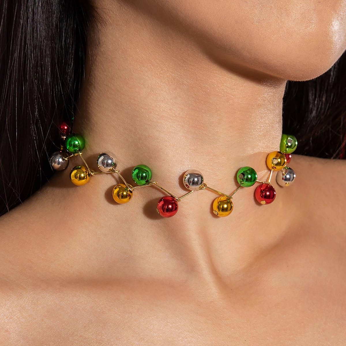 Colorful Beaded Ball Christmas Gold Silver Red Green Cute Ornament Choker Necklace for Women - Gold Plated Chain Link Adjustable Xmas Holiday Festive Accessory Neck Necklaces Unique Gothic Jewelry - Image 3
