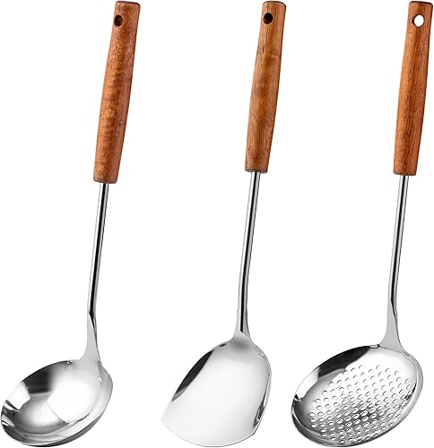 FJNATINH Wok - Espátula Cucharón Skimmer Herramientas de Wok de acero inoxidable, utensilios de cocina de acero inoxidable pulido espejo