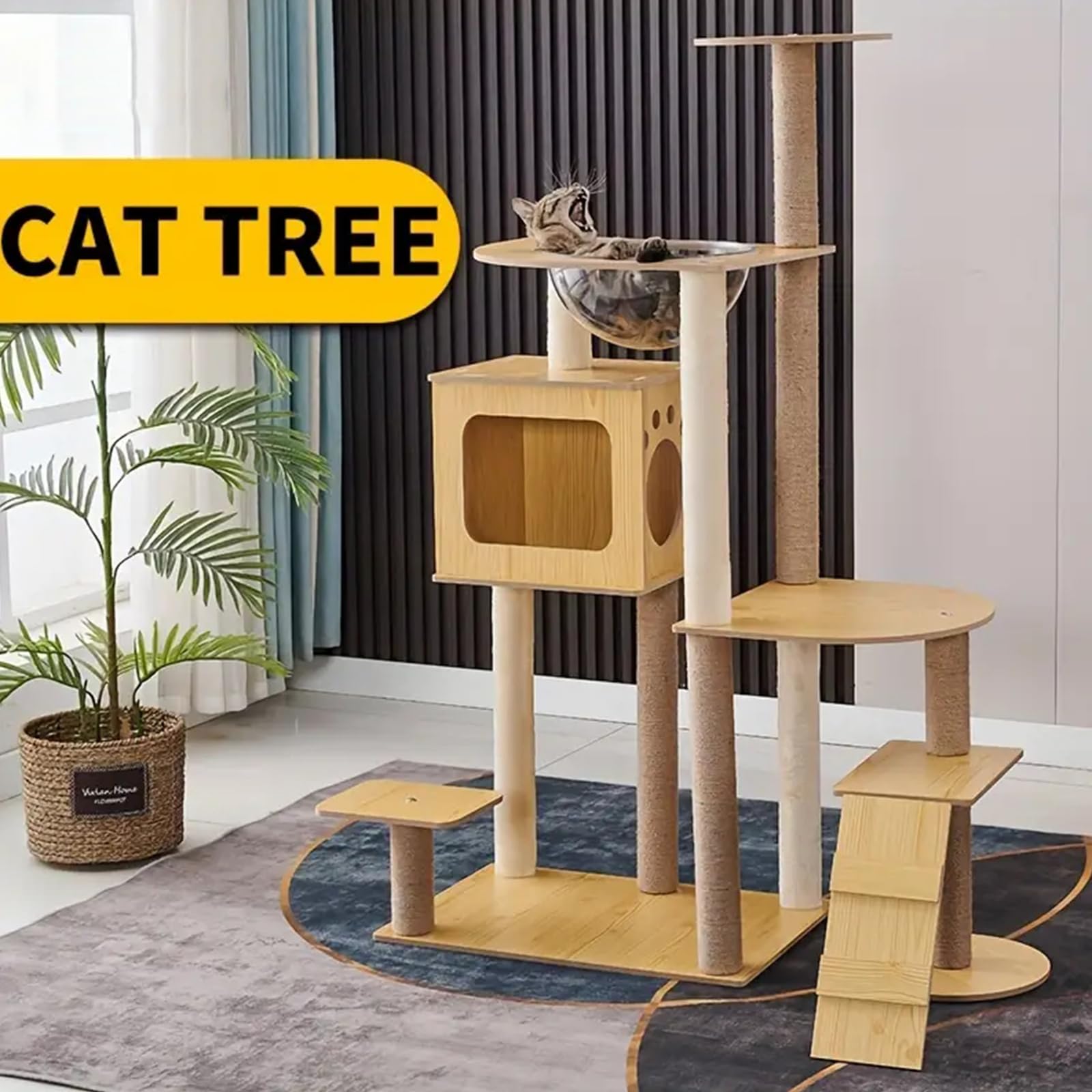 Albero per Gatti in Legno, Alto 135Cm, Tiragraffi per Gatti Adulti, Tiragraffi per Gatti con Cuccia, Piattaforma, Capsula in Acrilico, Casetta per Gatti, Albero Tiragraffi per Gatti
