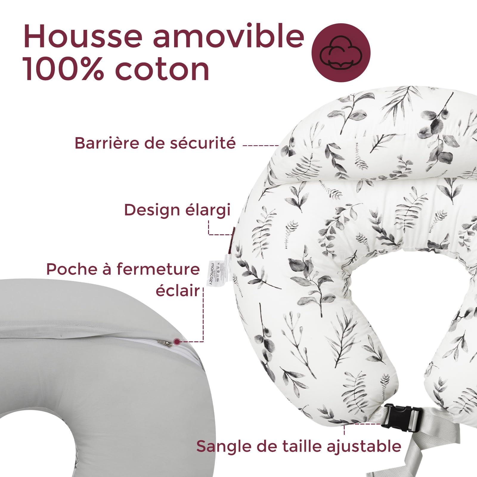 Momcozy Coussin d'allaitement avec bordure de sécurité – Coussin d'allaitement et de positionnement ergonomique avec sangle réglable et housse en coton amovible, feuilles d'encre pâle