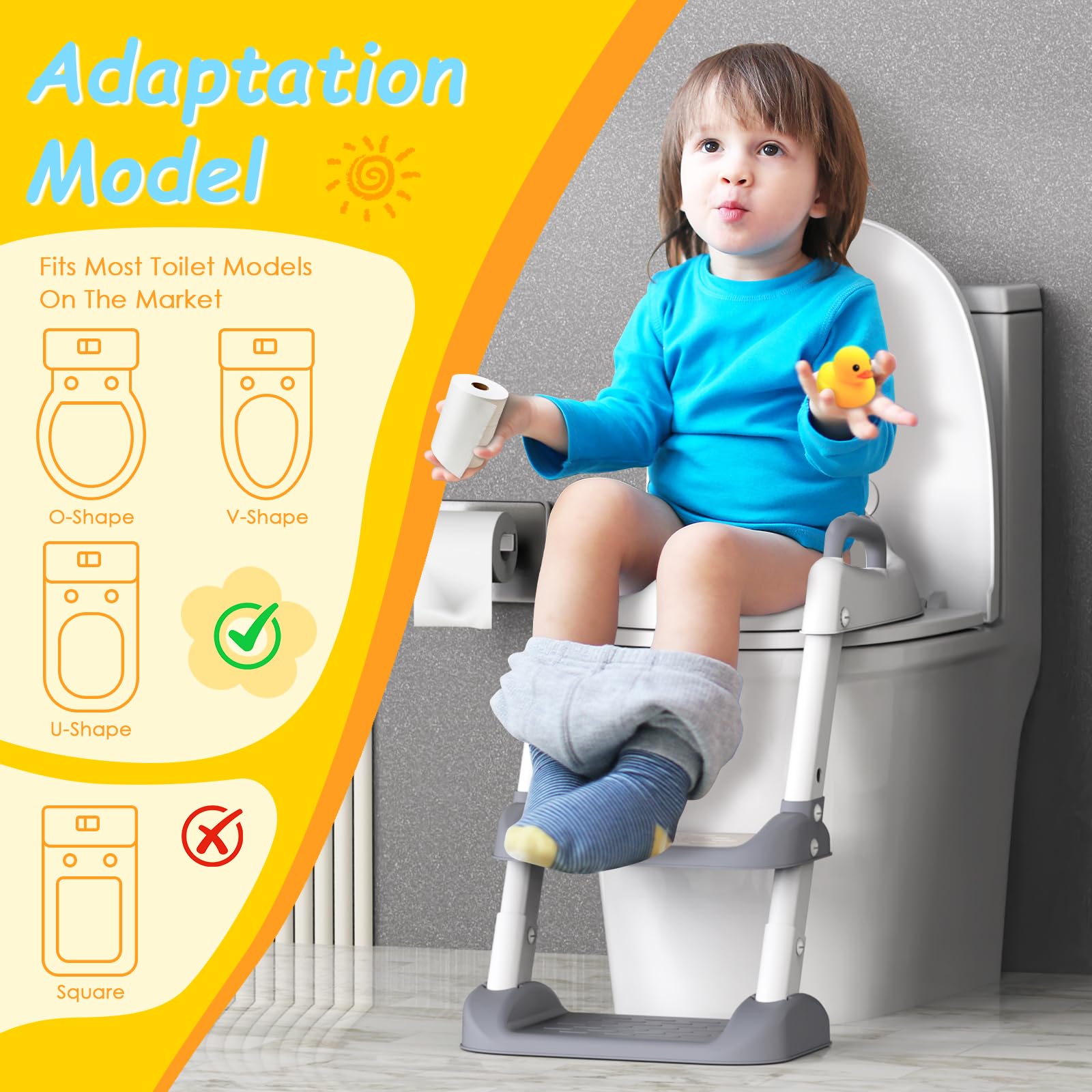 HBTower Seggiolino per vasino con scaletta, scaletta e maniglie di sicurezza, grigio | Sedile WC pieghevole con paraspruzzi per bambini e bambine, comodo cuscino per vasino e cuscinetti antiscivolo
