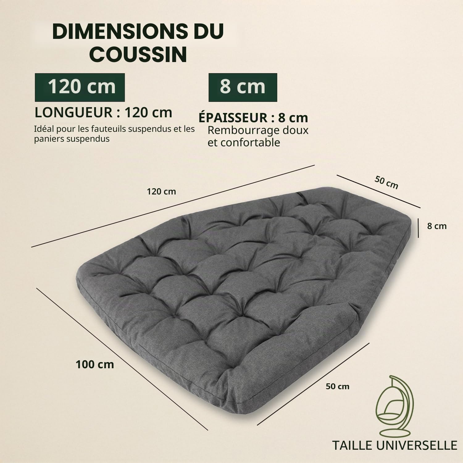 Coussin Fauteuil Suspendu 100x120 cm, Beige (Tissu écologique), Fauteuil Balancoire, Chaise Oeuf, Coussins d'extérieur/intérieur