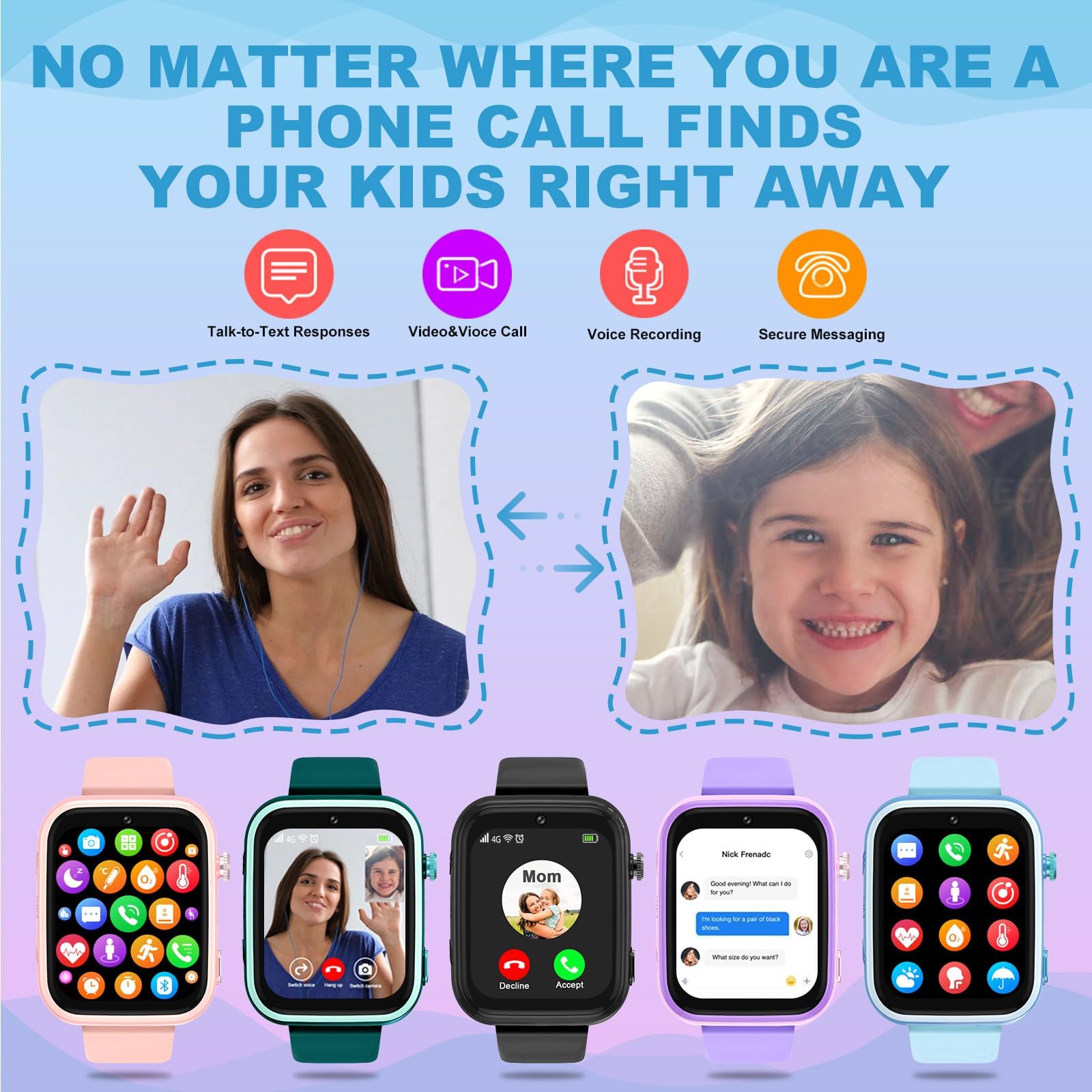 OKYUK Reloj inteligente para niños 4G, con GPS y teléfono, reloj de pulsera para niños, con llamada telefónica, mensajes, modo escolar, función SOS, cámara y podómetro (T45 azul)