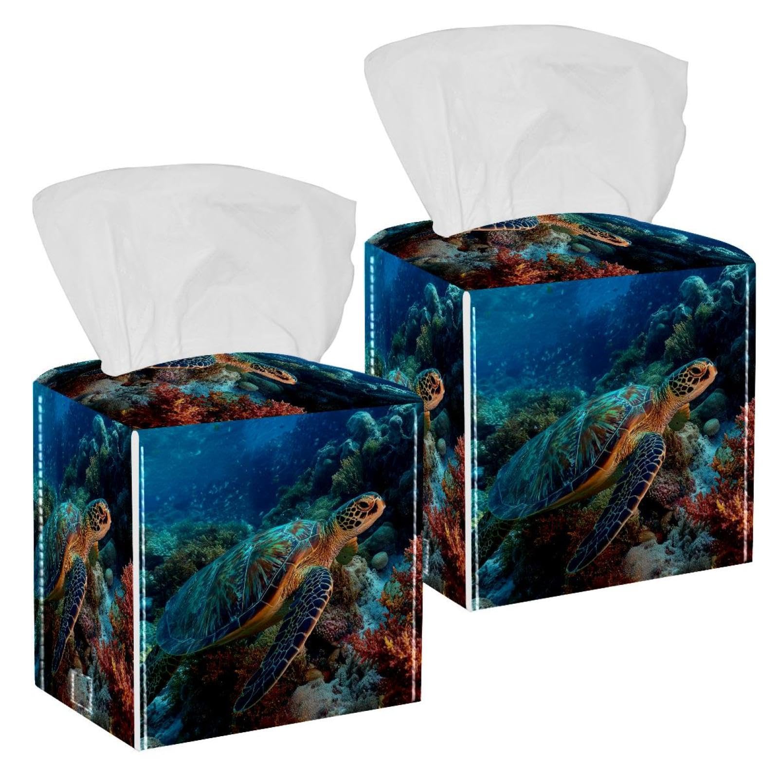 Sea Turtle Tissue Box Cover, 2 Pack PU Leather Square Facial Tissue Dispenser Box holder for Home Office Car