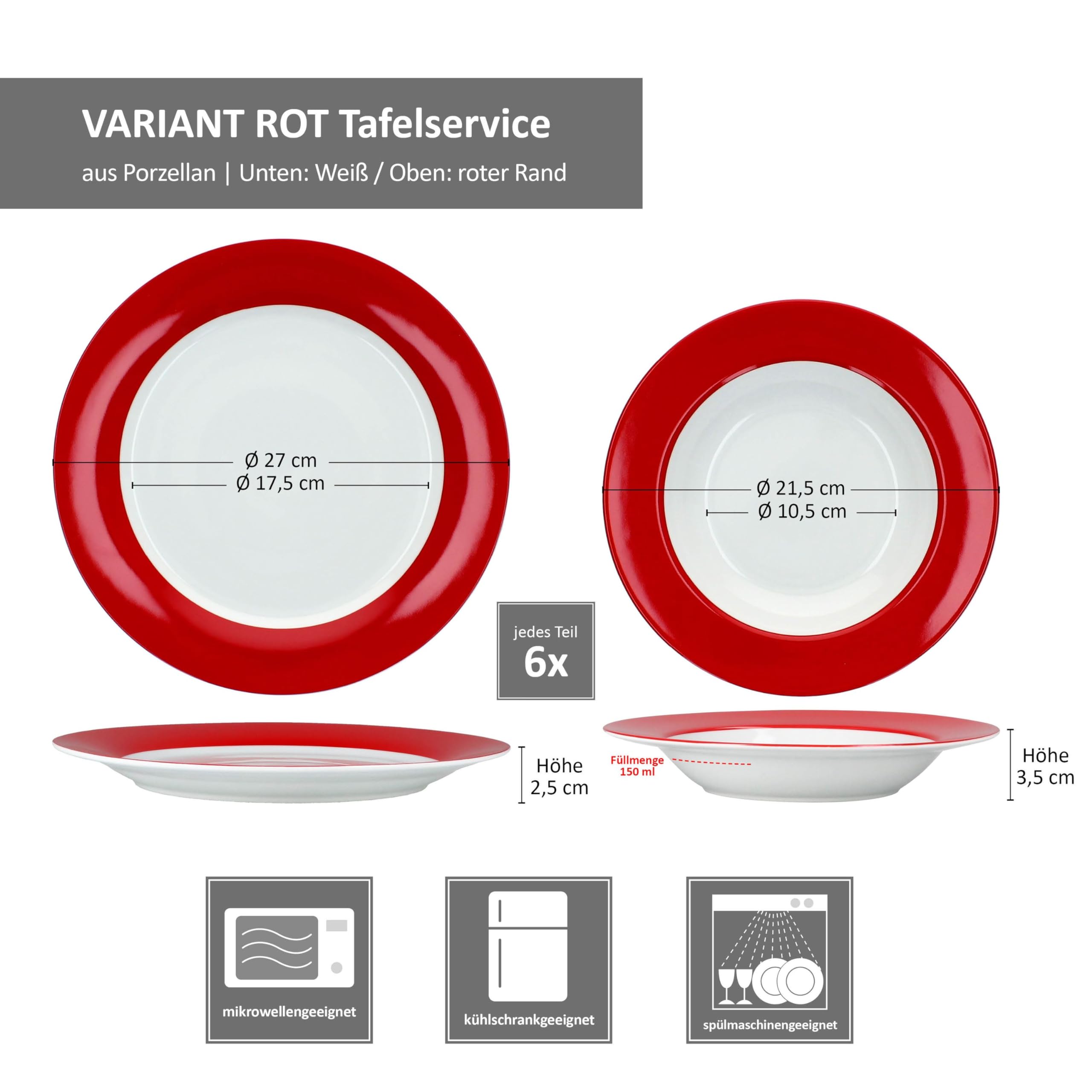 MamboCat Service de Table Variant Rouge 12 Pièces | Vaisselle en Porcelaine Colorée pour 6 Personnes | 6 Assiettes Creuses & 6 Assiettes Plates