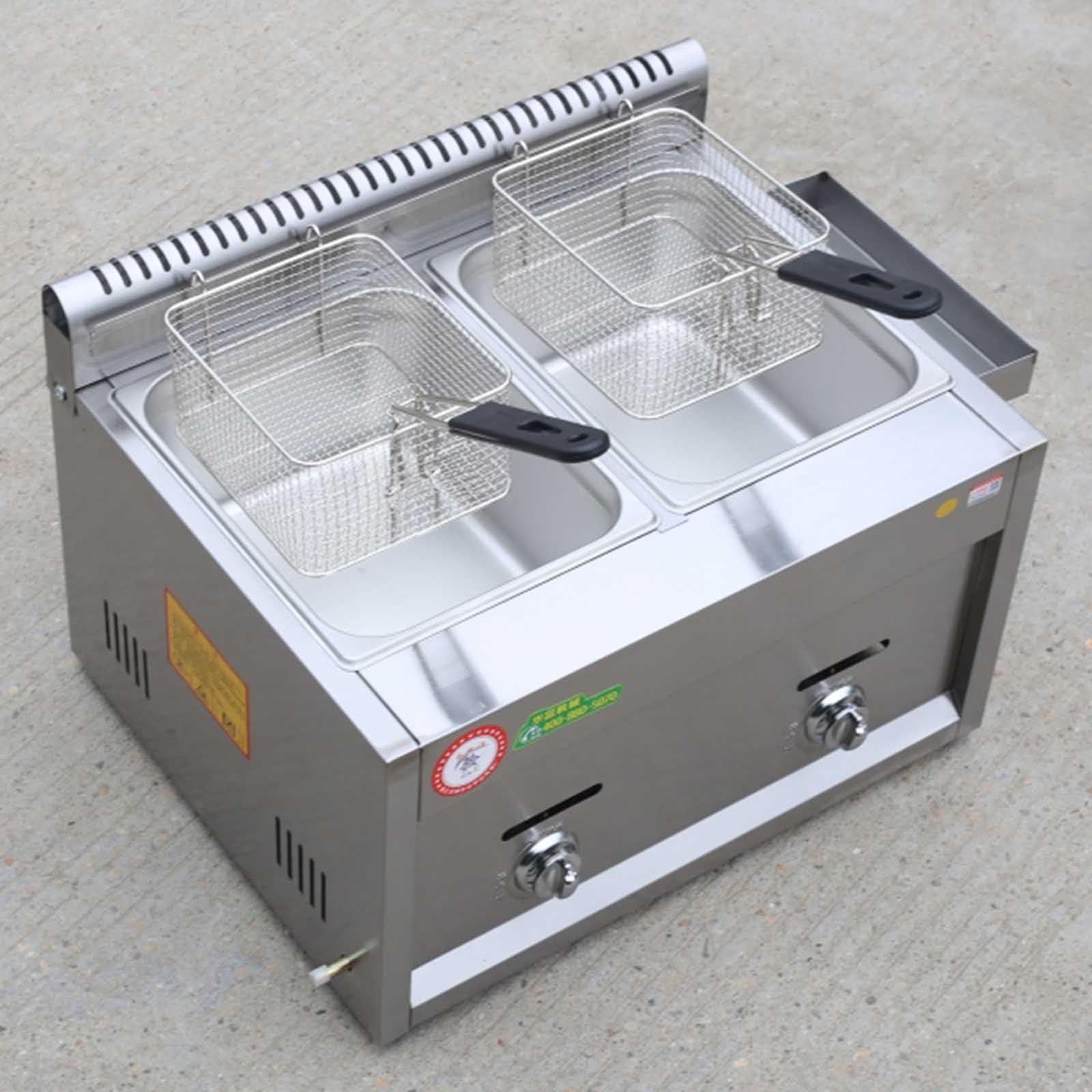 IUokLU Commercial Countertop LPG Gas Deep Fat Fryer,with Basket and Lid Stainless Steel Large Capacity Propane LPG,for French Fries Home Kitchen Restaurant (9l+9l)