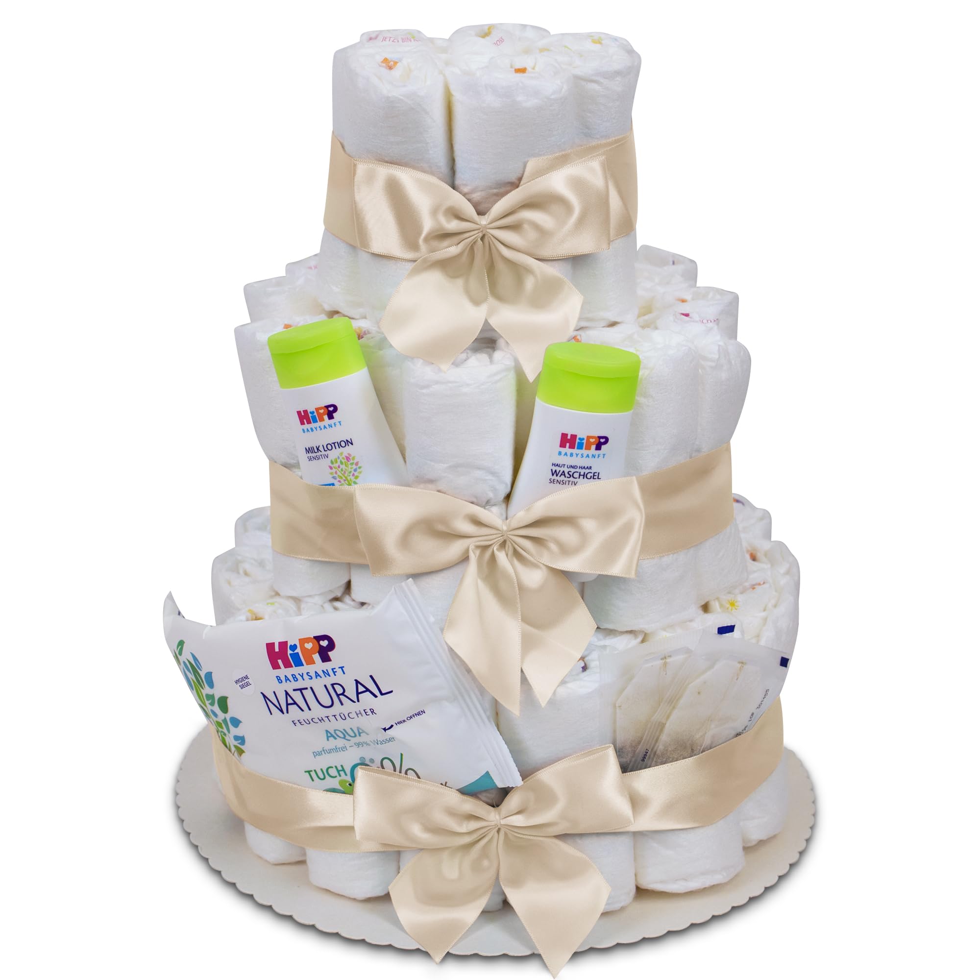 MilaBoo® 3-stöckige Windeltorte neutral mit Premiumprodukten I Besonderes Geschenk zur Geburt (3-stöckig beige)