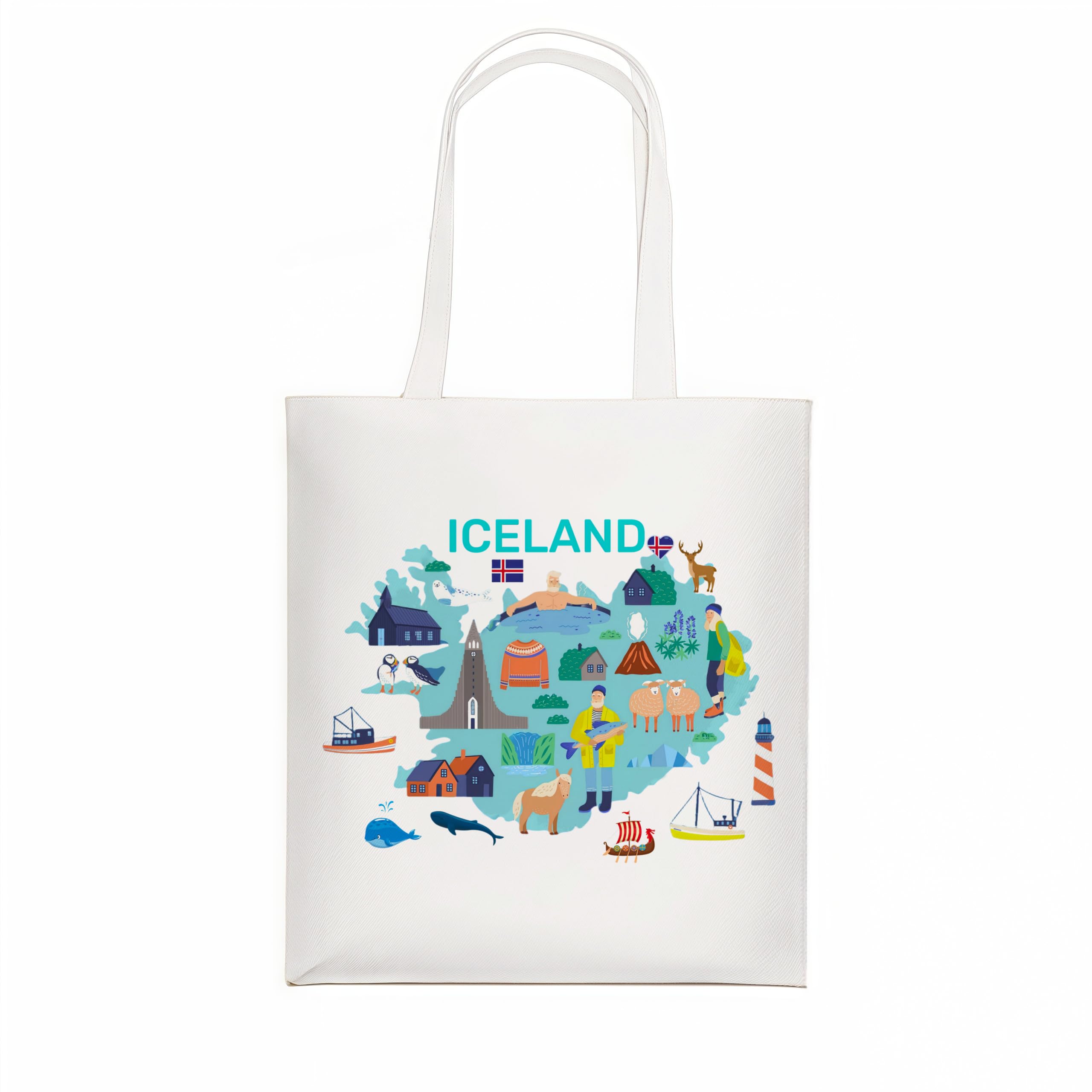 Odebyata Iceland Travel Souvenir Gifts Tote Bag, Iceland Travel Canvas Shoulder Grocery Shopping Organizer Tote Bag Vacation Gift 14"x 16"