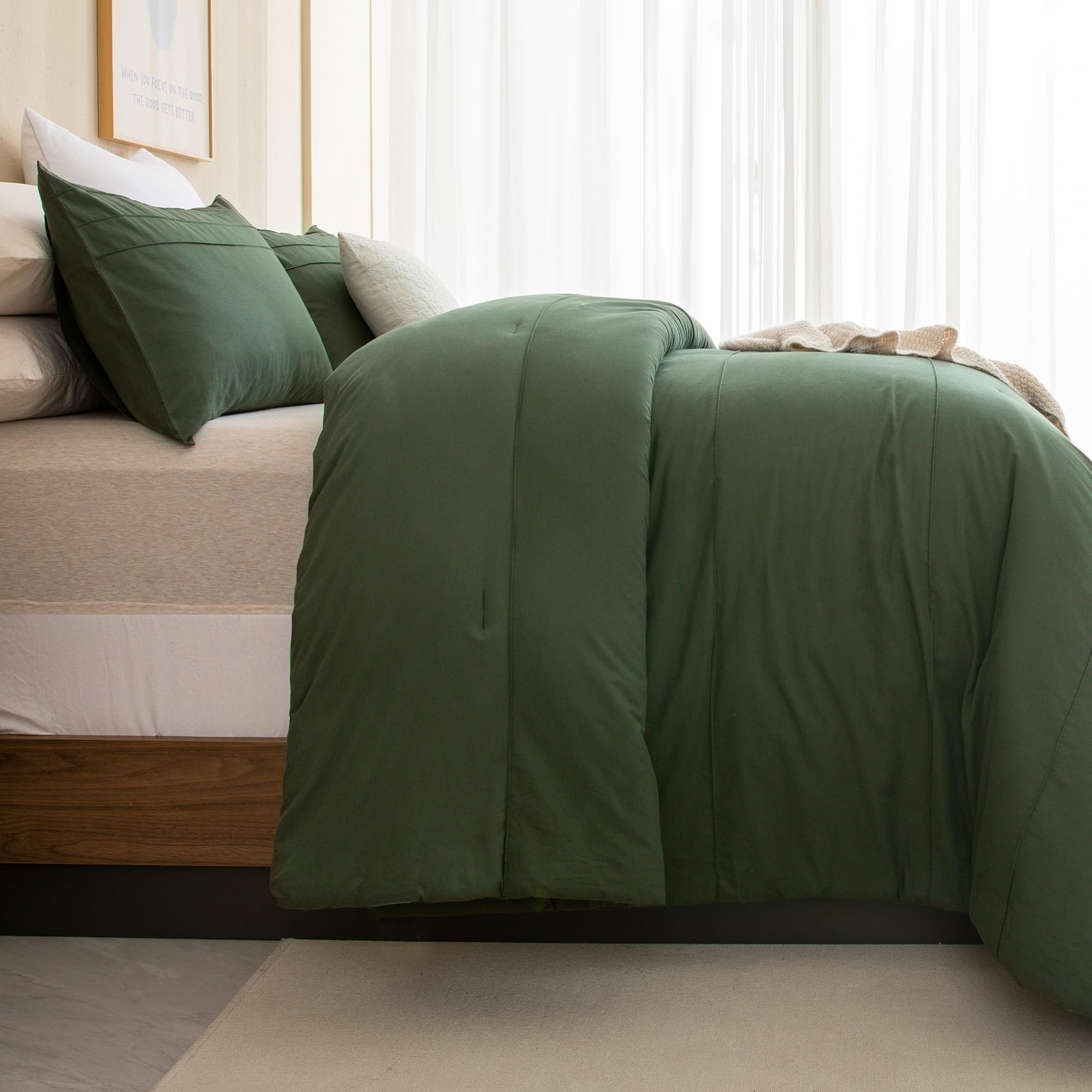 Sanracie Olive Green Oversized King Comforter 120*120,100% Cotton Dark Green Bedding Comforers Set Solid Color Pinch Pleat Pattern,3pcs(1 Aesthetic Comforter and 2 Pillowcases) Oversized King Bedding