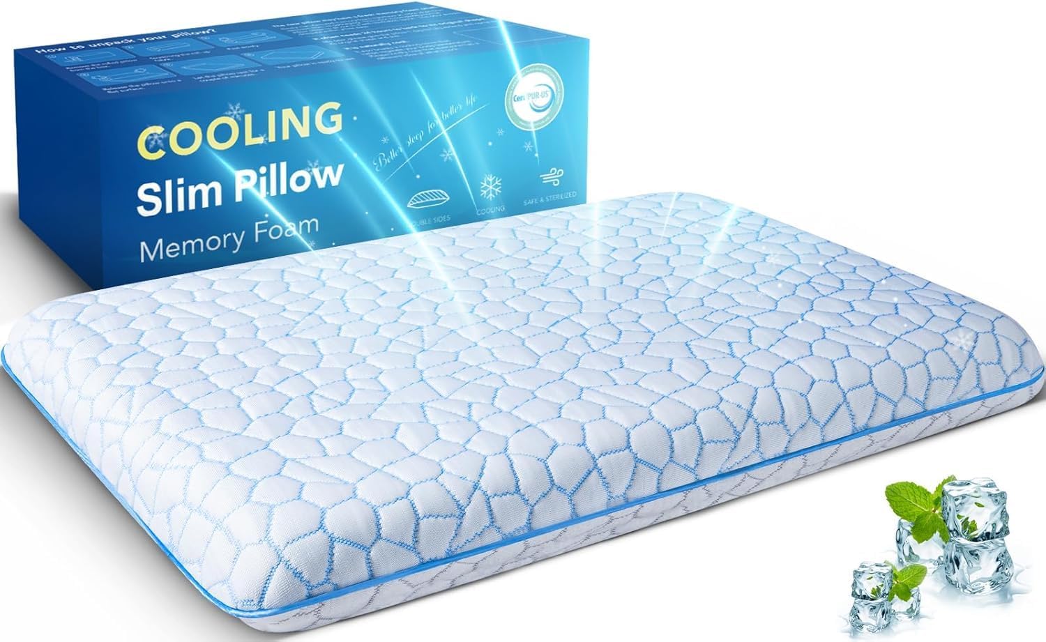 Ultra Thin Flat Pillows for Sleeping,Cooling Slim Memory Foam Pillow 2.25 in Height Ultra Thin Pillow,Low Profile Sleeper Pillows for Stomach Sleeper for Neck and Back Support Stomach sleeping pillow