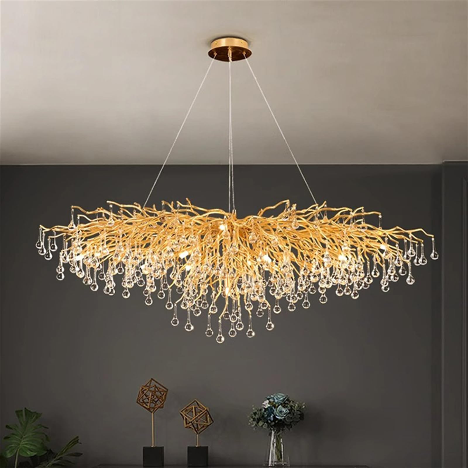 Leomix Gold Modern Crystal Rectangle Chandelier, Branch Lighting Frosted Raindrop Large Kitchen Island Hanging Light Fixture For High Ceiling, Dining Room, Foyer (L100cm Rectangle)