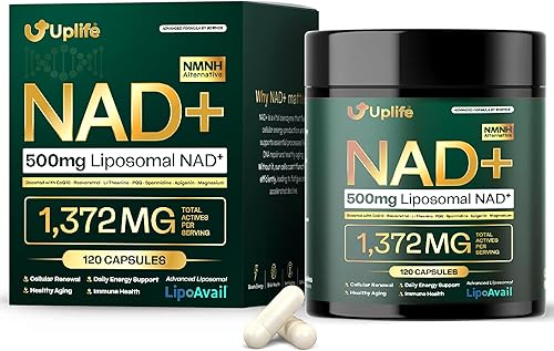 UPLIFE Suplemento liposomal NAD+ de 500 mg con espermidina, apigenina, PQQ y resveratrol  NAD+ avanzado es potenciador de energía celular,