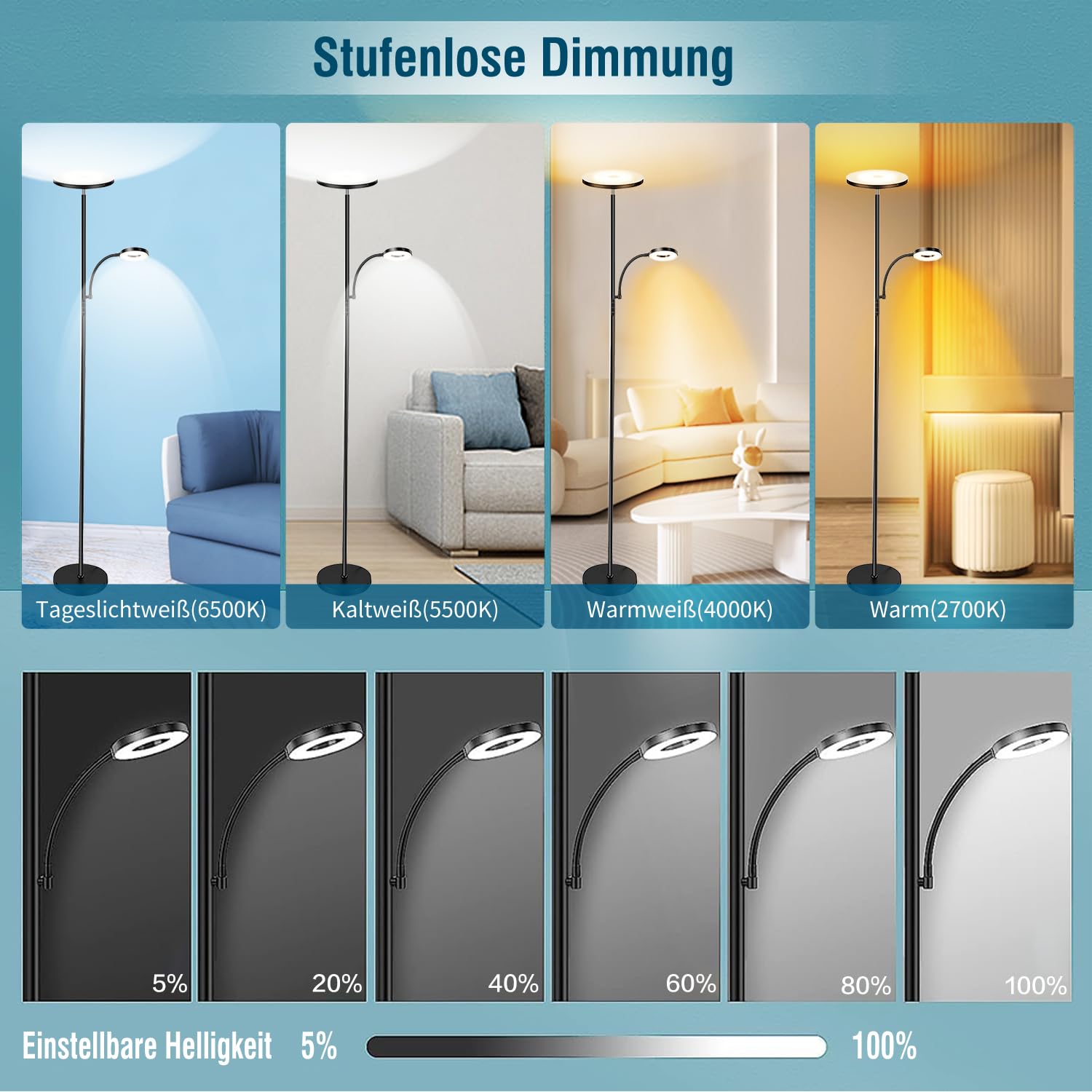 Yikuneng 42W Lámpara de Pie Regulable, LED Lámpara de Pie Salon 4500LM Súper Brillantecon con Lámpara de Lectura, control remoto y control táctil Lámpara Alta para Salon de Estar Dormitorio Oficina