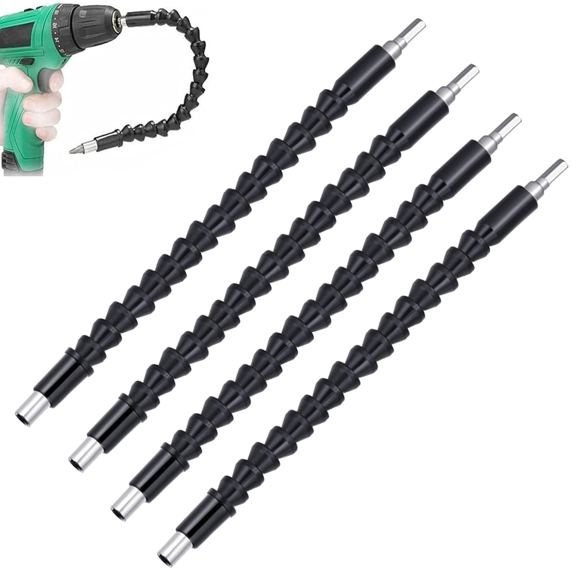 Draduo 4 Pack Flexible Shaft Extension Bits Drill, Flexible Drill Bit Extension 1/4" Flexible Shaft Extension Bit, Screwdriver Flexible Bends and Twists 360 Degrees (Black)