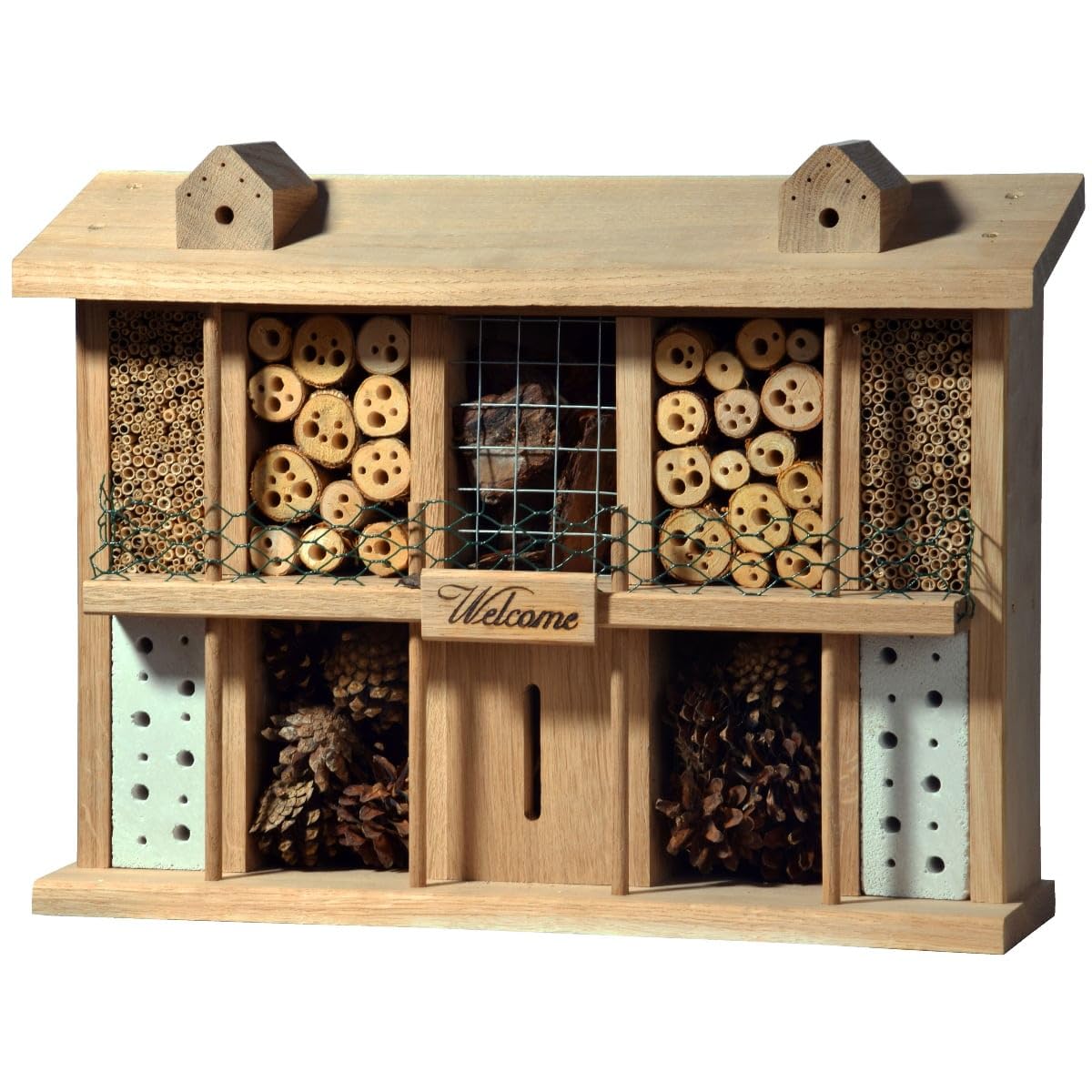 22625e "Landsitz Superior" aus massivem Eichenholz - Design Wildbienenhotel - Insektenhaus für Nützlinge - Wildbienenhaus für Garten/Terrasse/Balkon - 47 x 12,5 x 34 cm - Natur