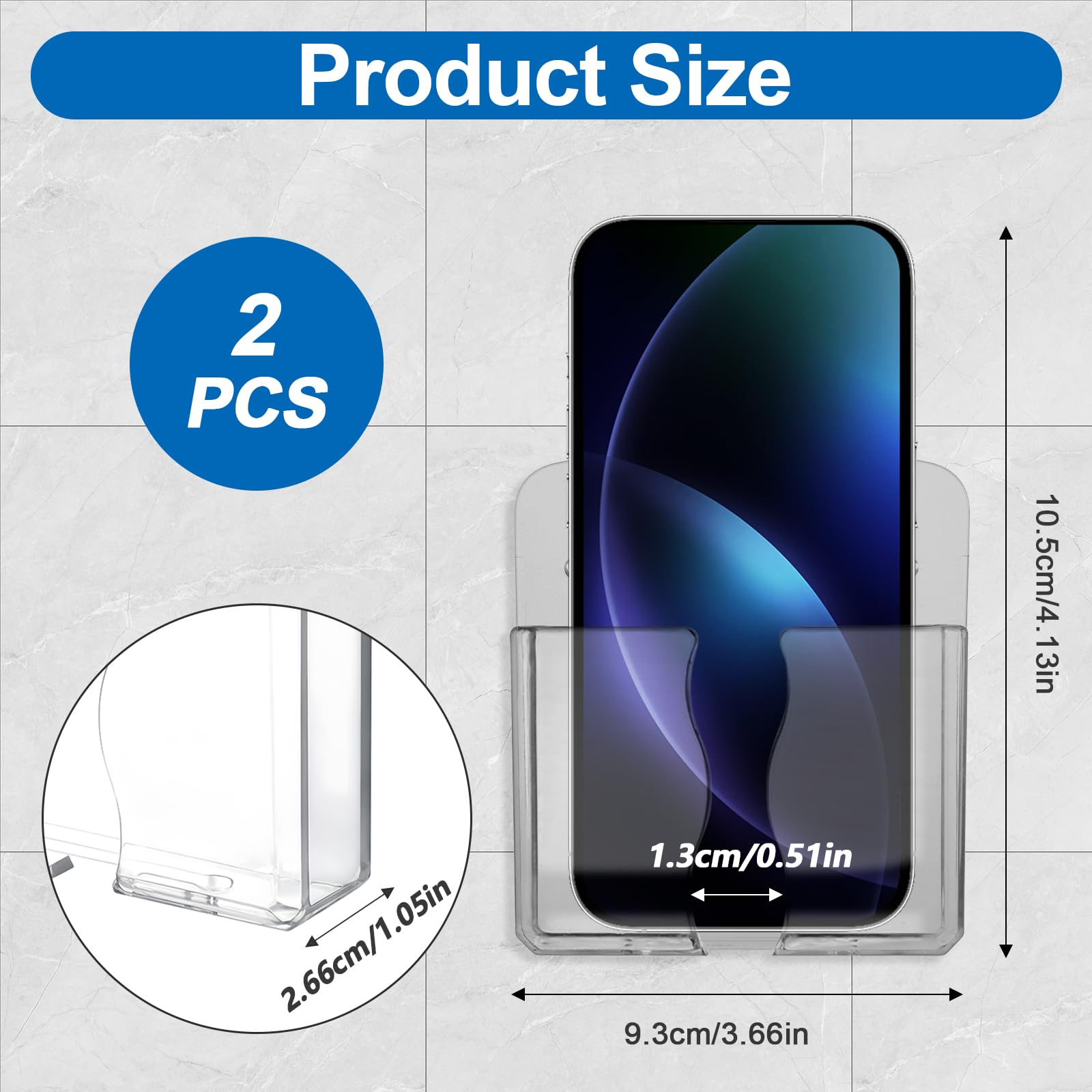 Lot de 2 supports muraux universels pour téléphone portable - Avec trou de chargement - Transparent - Support mural pour téléphone portable - Organiseur mural pour lit et salon