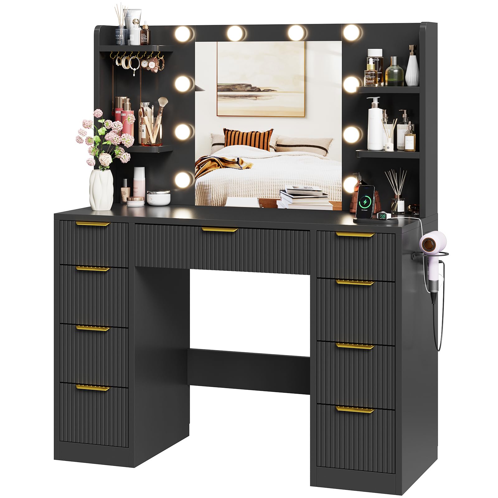Devoko Mobile da Trucco Moderno con Illuminazione e Presa - Grande Comodino con Specchio, 9 Cassetti e Porta Phon, Tavolo Vanity per il Make-up (Nero)