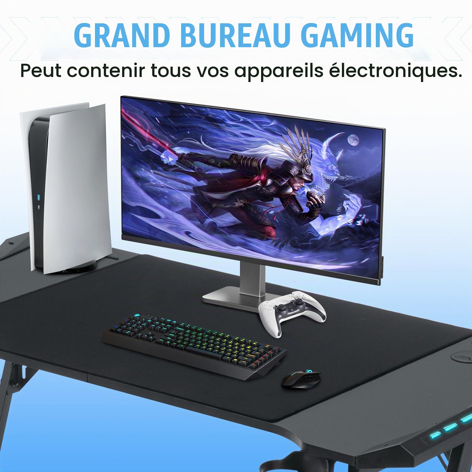 Bureau Gaming, Bureau Gamer LED, Table Gaming, 120x60cm PC Robuste Bureau Informatique Ergonomique avec Porte Gobelet et Crochet pour Casque, LED Table Bureau en Forme de Z Cool
