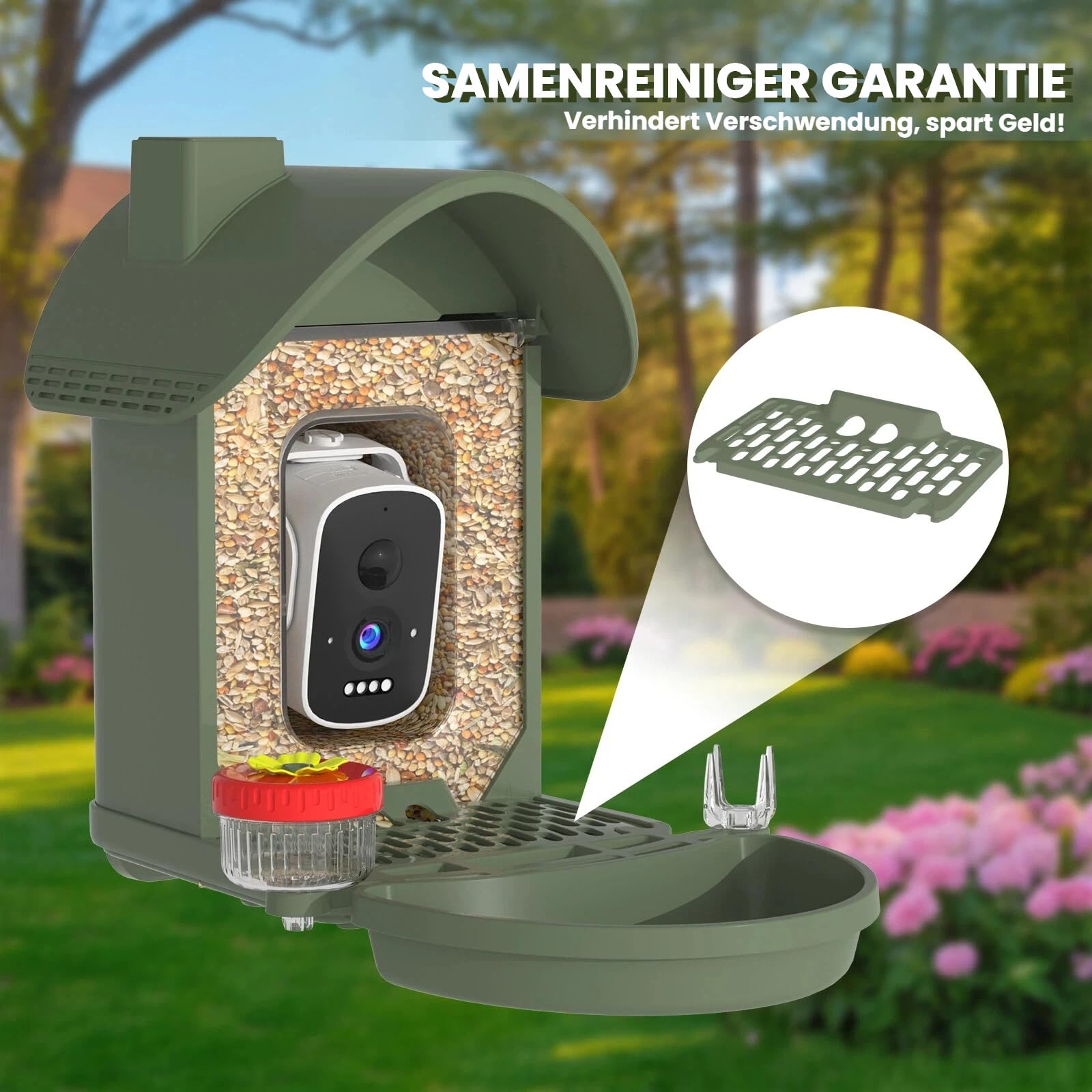 Vogelhaus mit Kamera, 3K Smart Vogelhäuschen mit KI-Vogelerkennung & Vogeltränke, Solarbetrieben Vogelbeobachtung Kamera mit Edelstahlkabel & Futter-Schutznetz, Outdoor Garten Geschenk