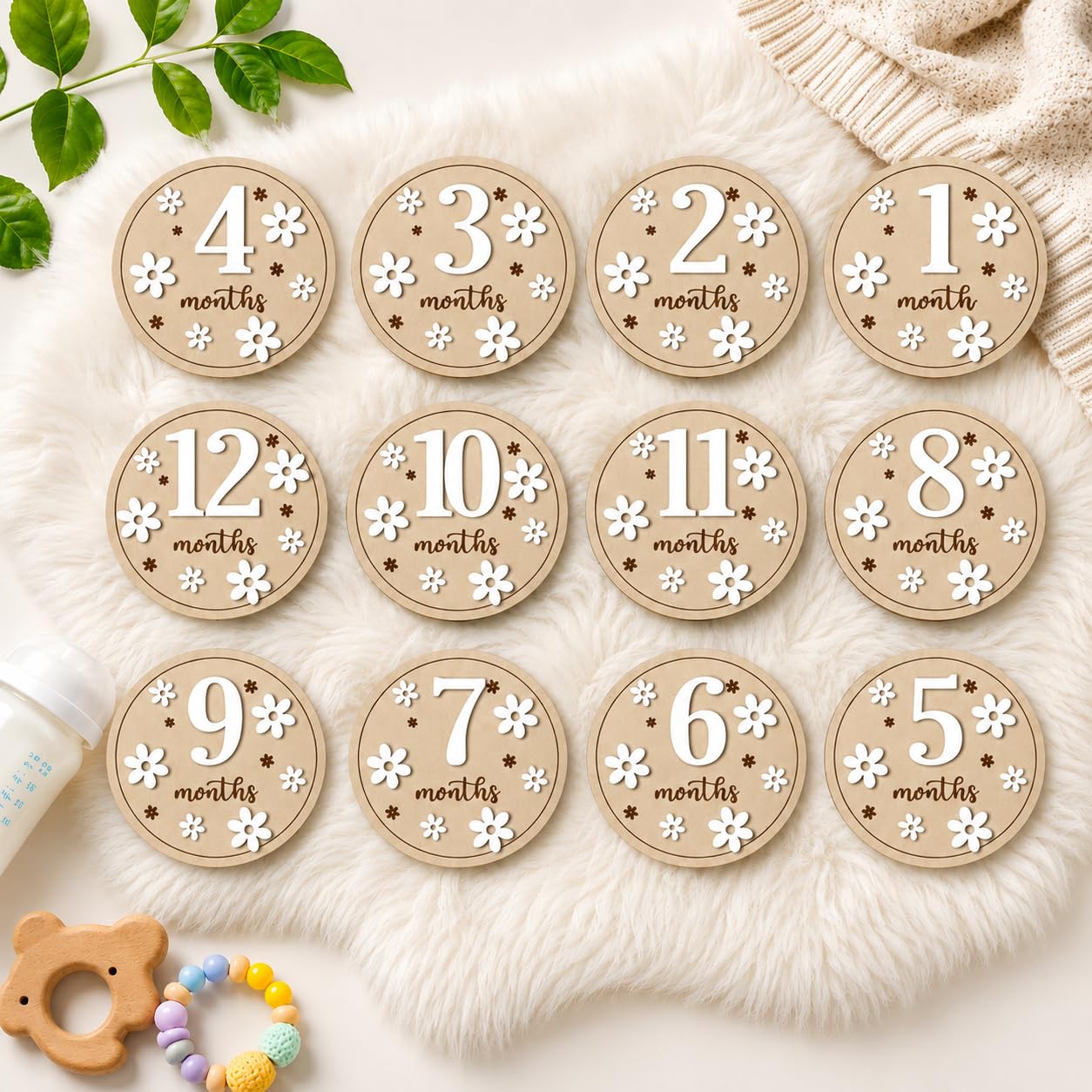 SVM CRAFT® 12Pcs Baby Monthly Milestone Cards , Baby Girl or Baby Boy Newborn Gifts, BABY milestone stickers , Wooden Monthly Baby Milestone Markers, 3 D Wooden Milestone Discs, Baby Photoshoot Items,Milestone Cards for New Born Wooden,Baby Milestone Cards-picture-24