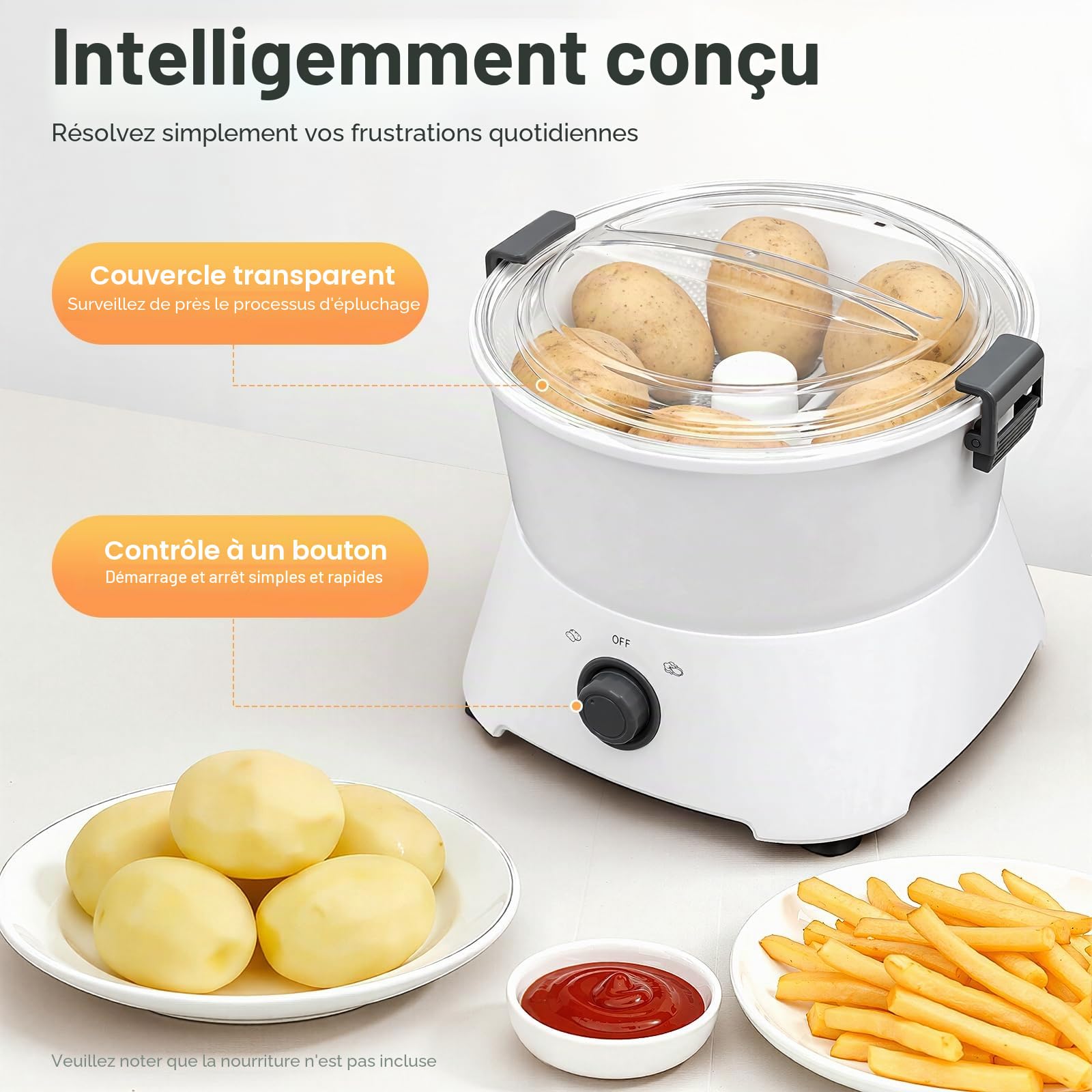 Éplucheur de pommes de terre électrique 85 W avec support de table – Éplucheur professionnel pour pommes de terre, pommes et carottes – Lame éplucheur en acier inoxydable & bac de récupération