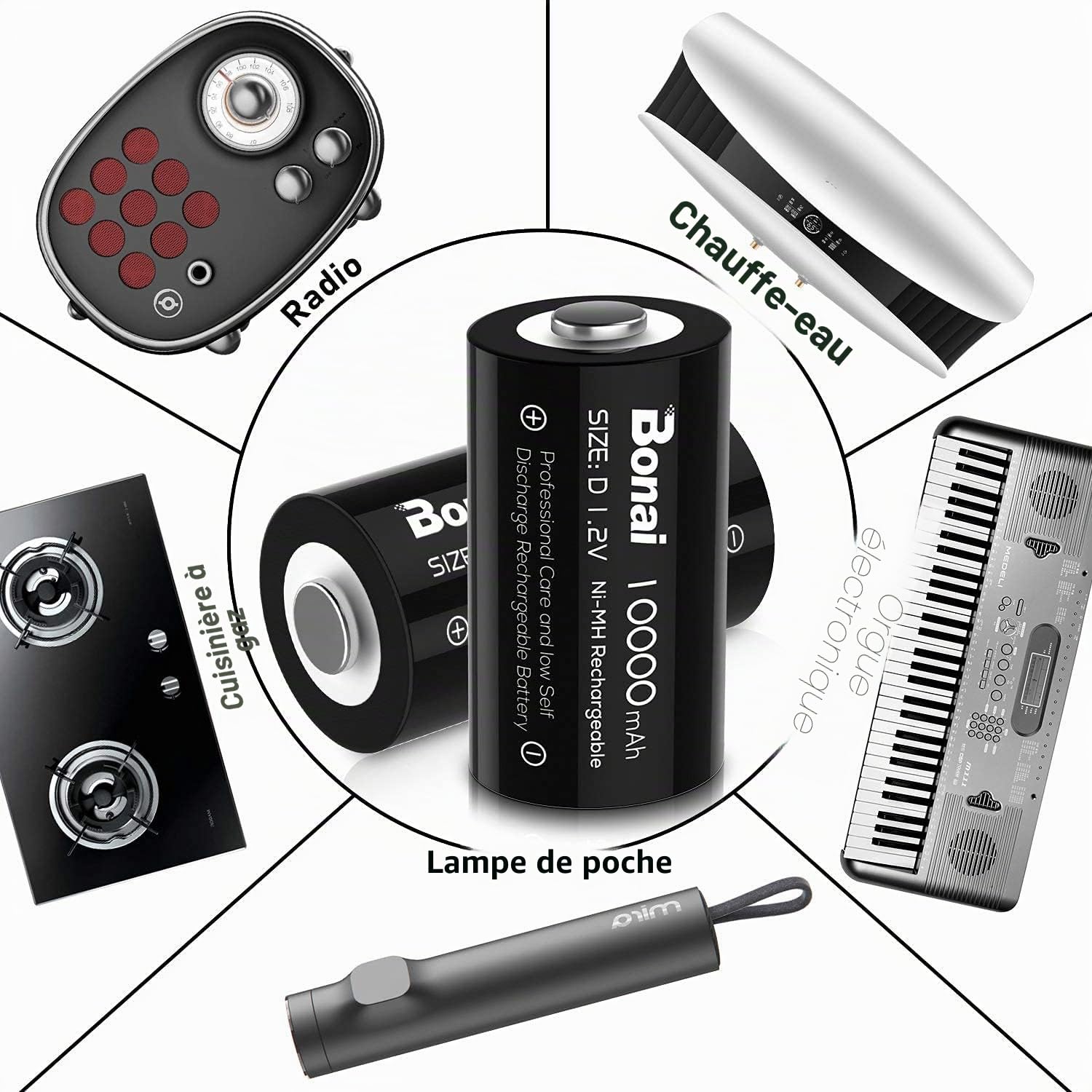 BONAI Chargeur Piles Rechargeable Universel + Lot de 4 Piles Rechargeables D/ LR20 Ni-MH 1,2 V, 10000 mAh