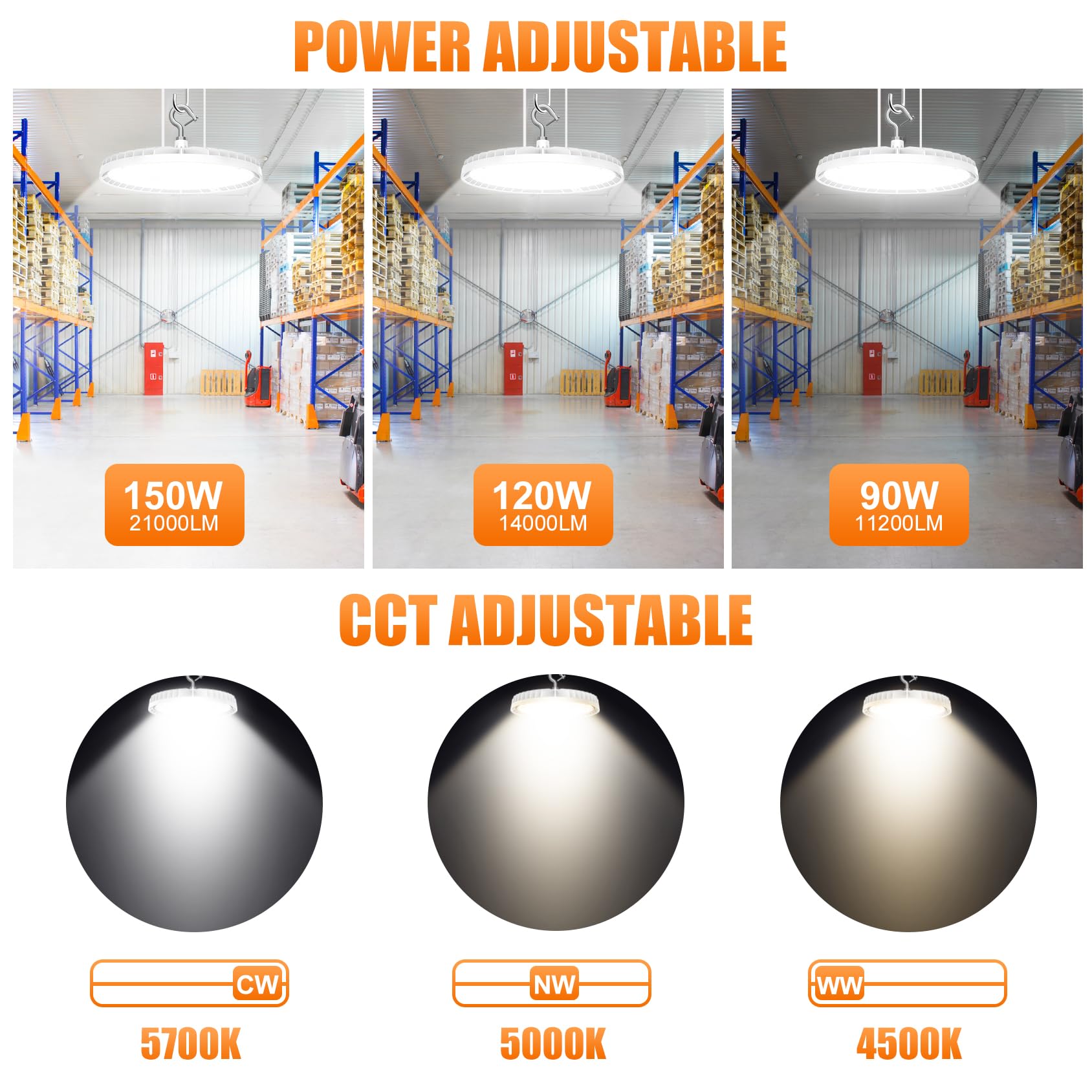 8 Pack LED High Bay Light 150W 120W 90W Adjustable UFO Lights 4500K 5000K 5700K Tunable Dimmable High — view 3