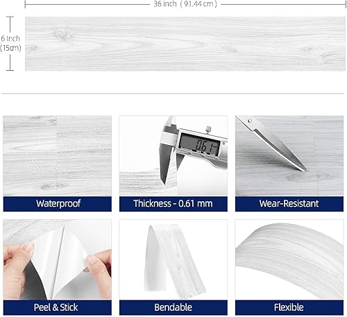 Miniatura 13 de FunStick Tablones de vinilo de madera blanca de 6 x 36 pulgadas para despegar y pegar, azulejos adhesivos impermeables para suelo, dormitorio, baño