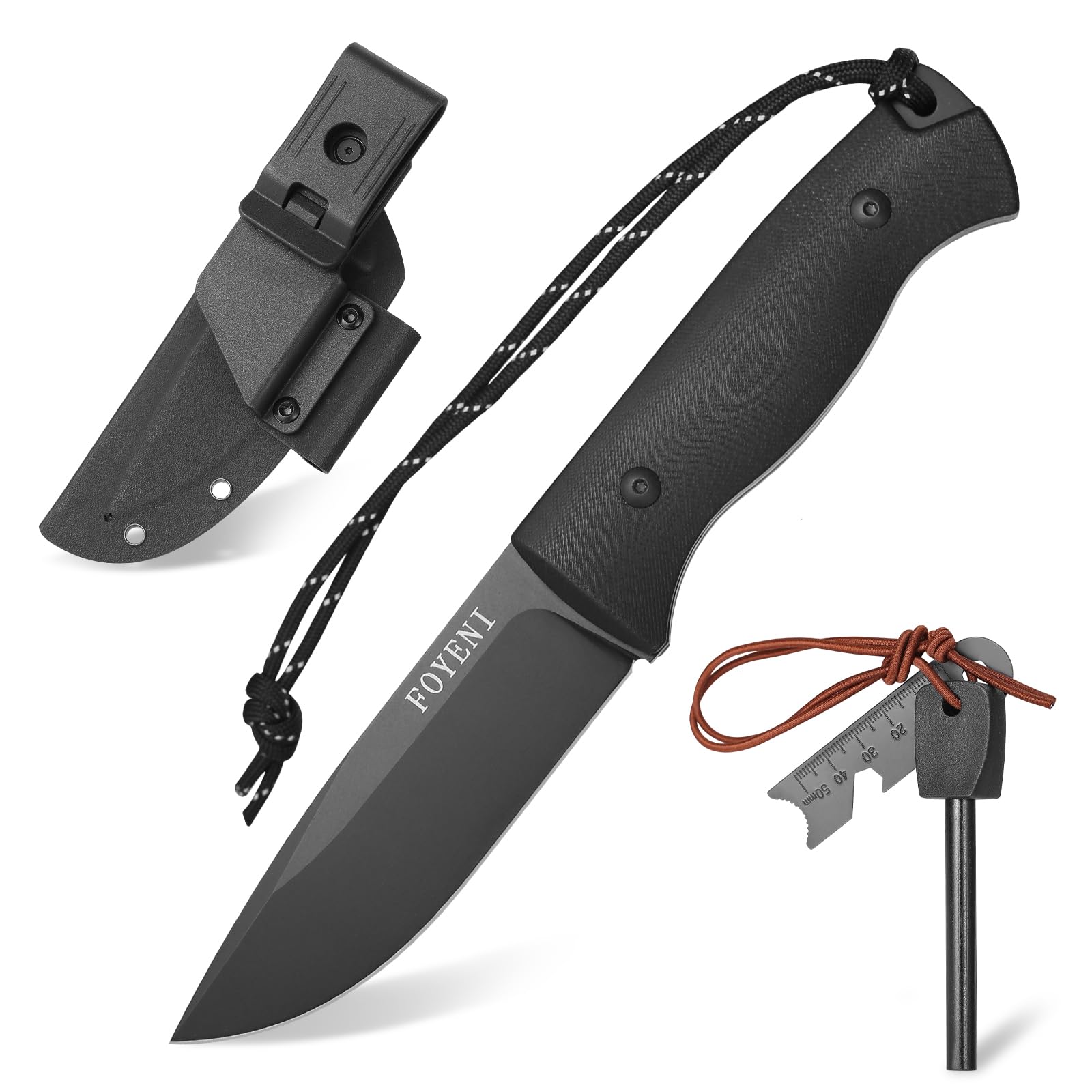 Survival Knife with Fire Starter and Kydex Sheath, 9.7" Full Tang Fixed Blade Hunting Knife with G10 Handle for Bushcraft,Outdoor, Hunting,Fishing,Camping