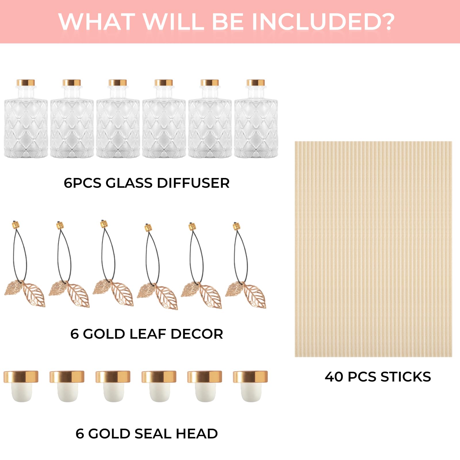 Glass Reed Diffuser Bottles for Decorative, Vintage Embossed Apothecary Style Flower Bud Vases with Cork Lids, Set of 6?Small Leaves ?