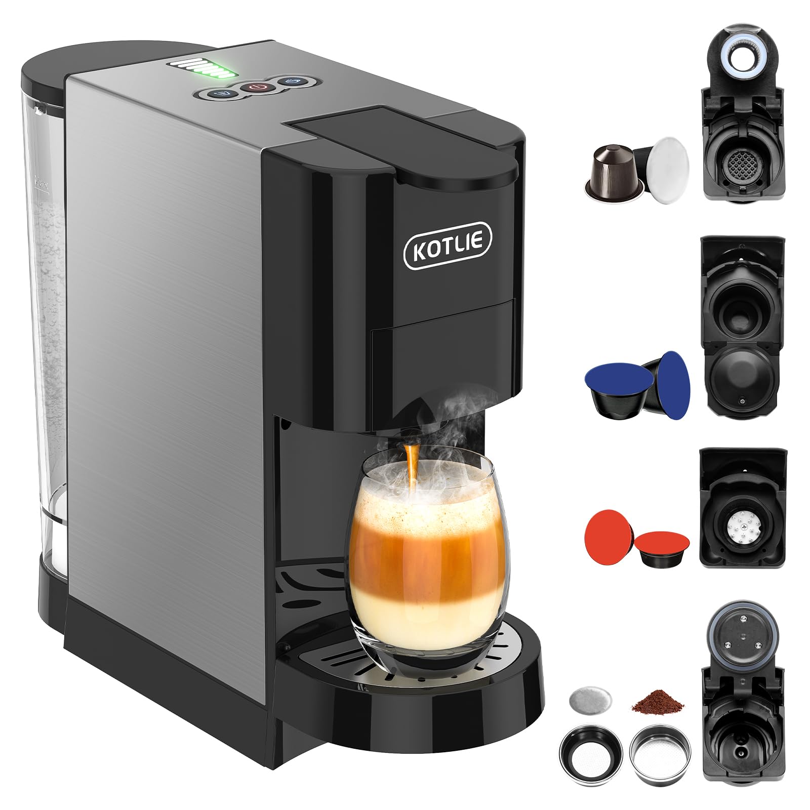 KOTLIE AC-513HF 5 in 1 Kaffeemaschine für NES/DG/a modo mio/Gemahlener Kaffee/ESE(44mm), Höhe für große Tassen (Schwarz)