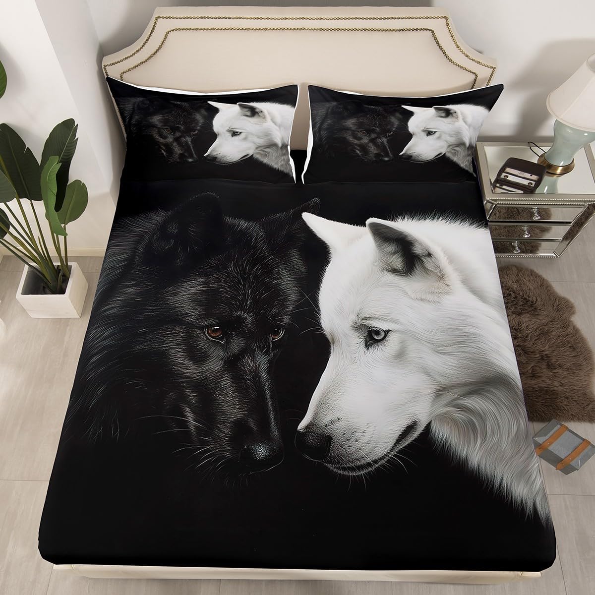 Erosebridal Black and White Wolf Bed Sheets Couple Wolf Fitted Sheet Full for Kids Adults Men Women,Woodland Animal Bedding Set Jungle Wildlife Bed