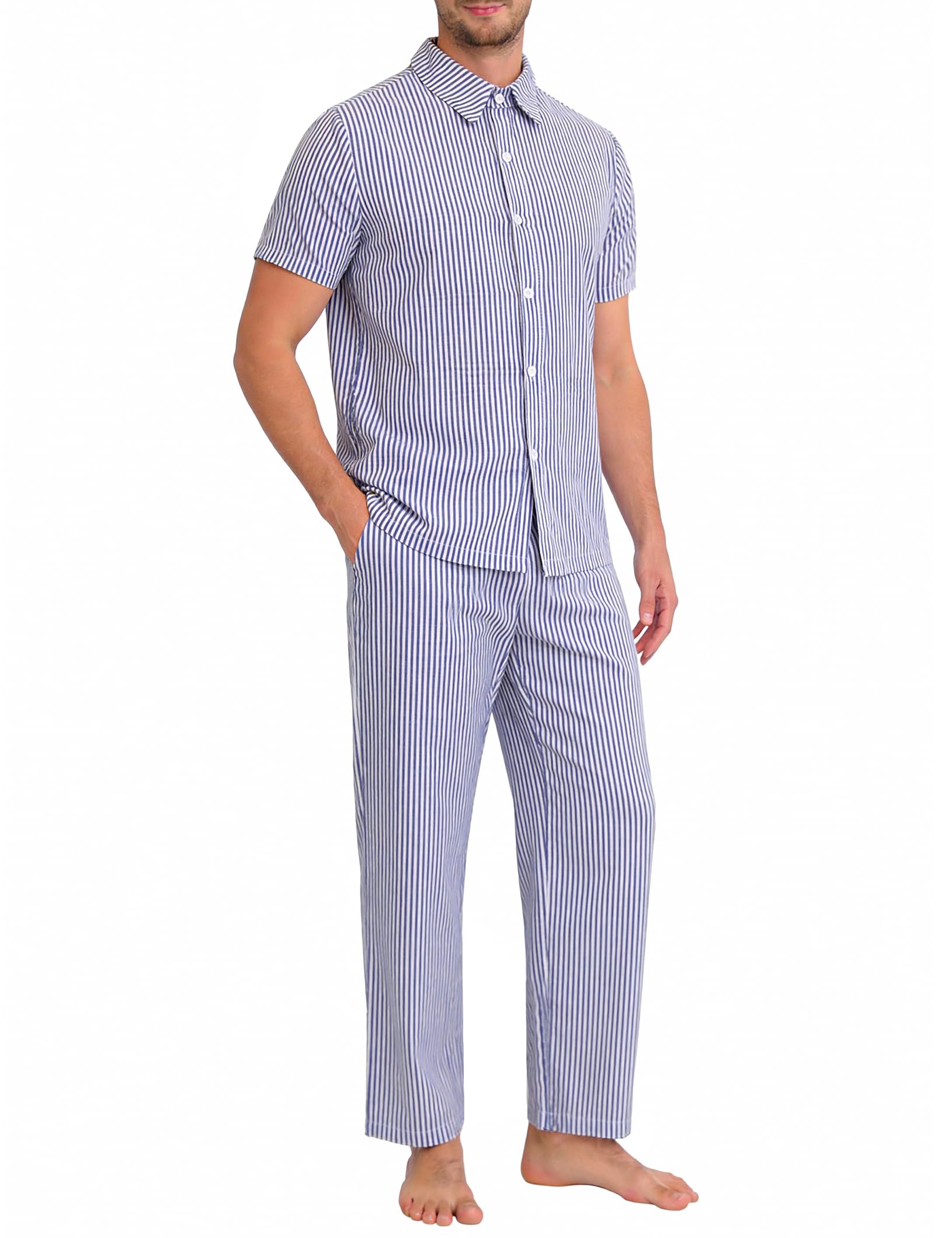 Sykooria Mens 100% Cotton Pajama Set Short Sleeve Sleepwear Button Down Pj Loungewear with Pockets S-3XL