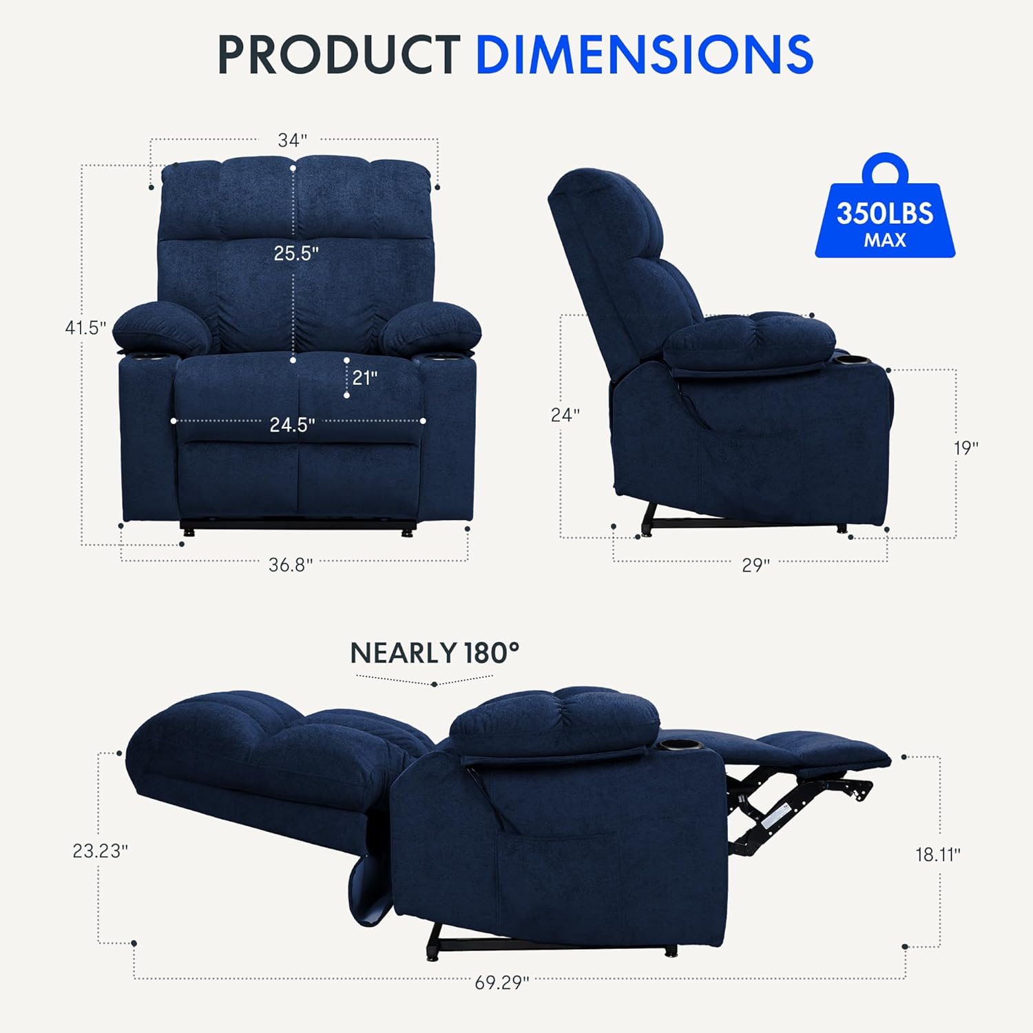 Diagram showing detailed product dimensions of the FLEXISPOT XL5 recliner