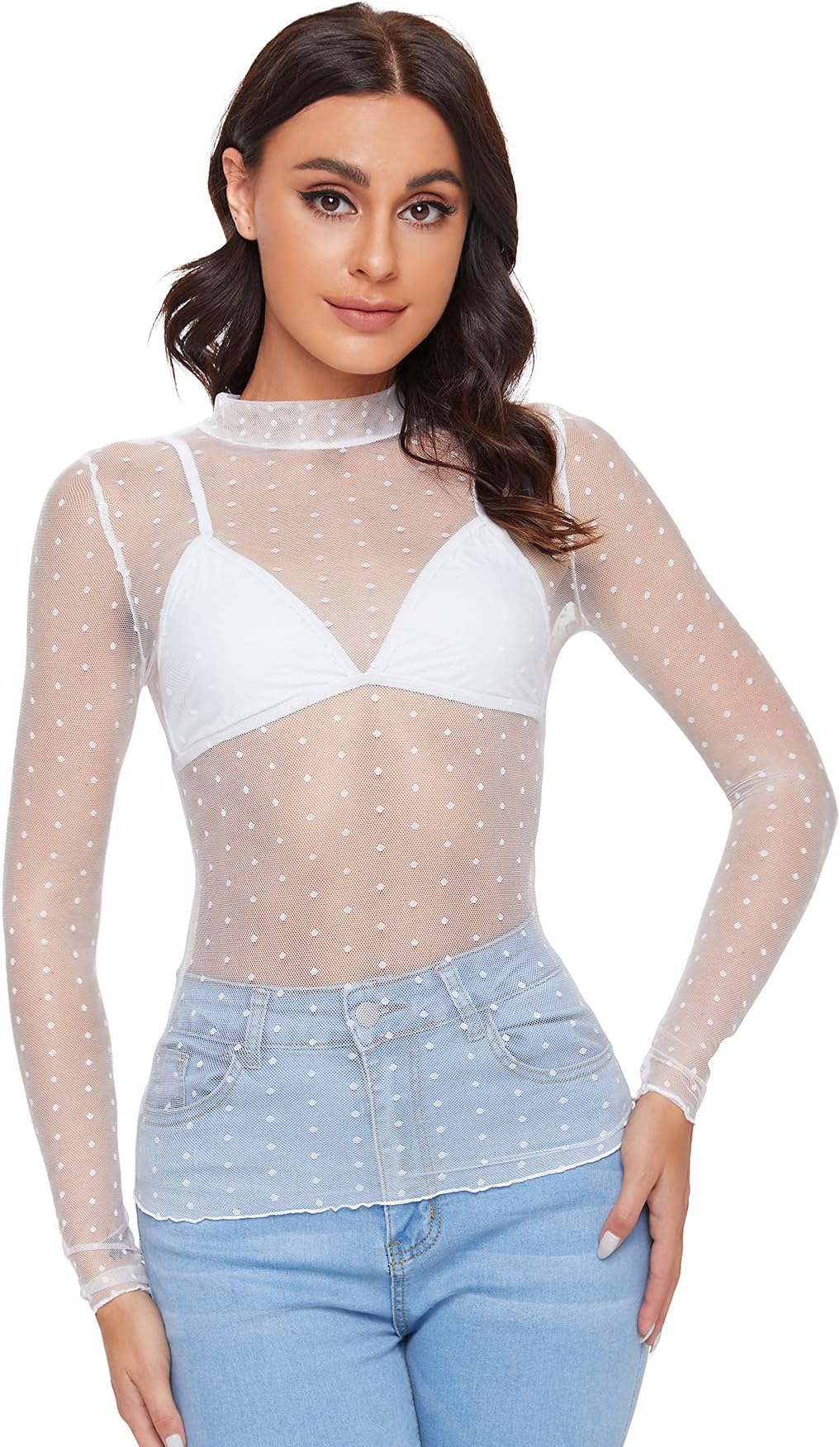 Women's Sexy Polka Dot Mesh Mock Neck Sheer Top