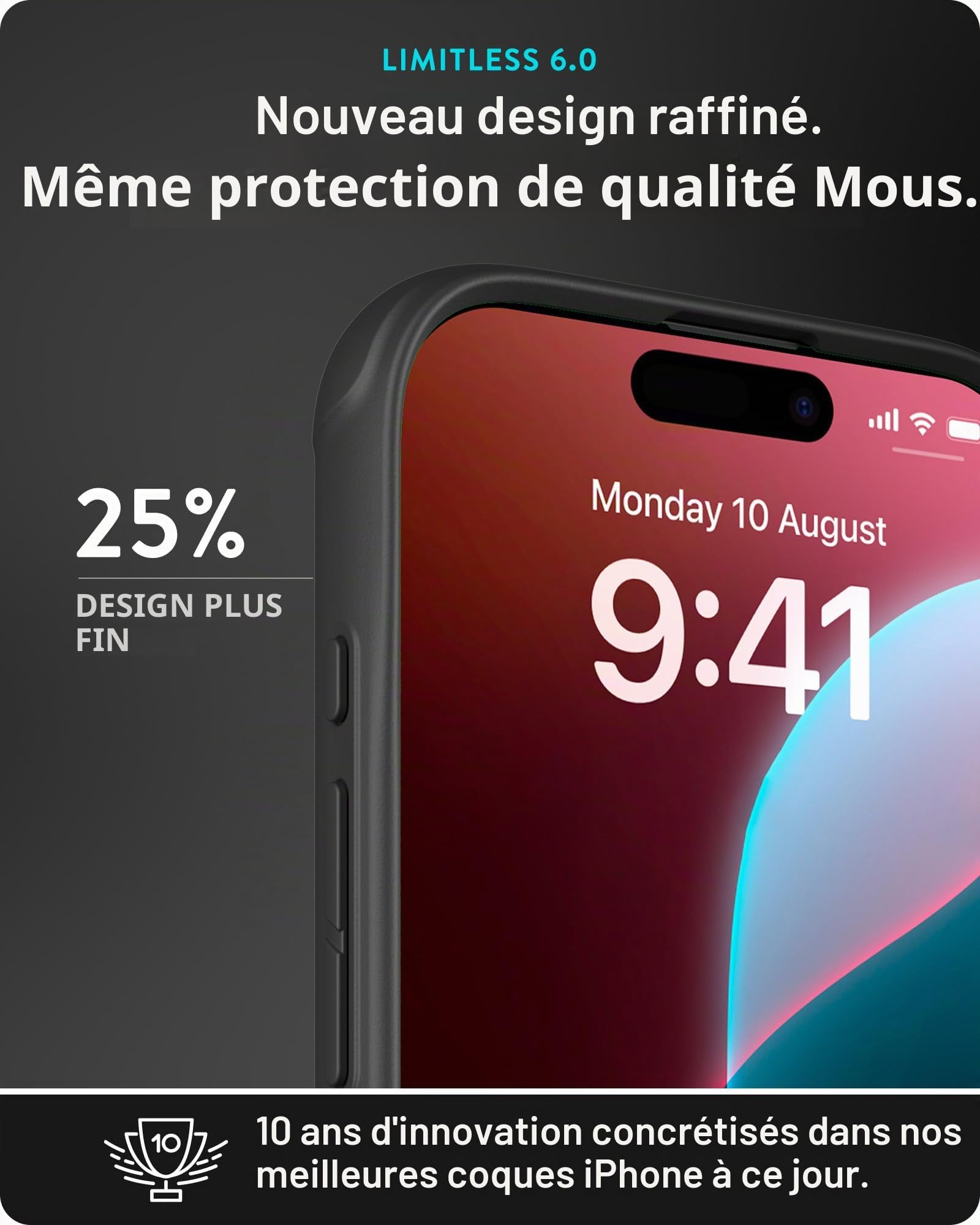Mous pour iPhone 16 Coque Compatible avec MagSafe avec Contrôle de l'Appareil Photo, Limitless Cuir Noir