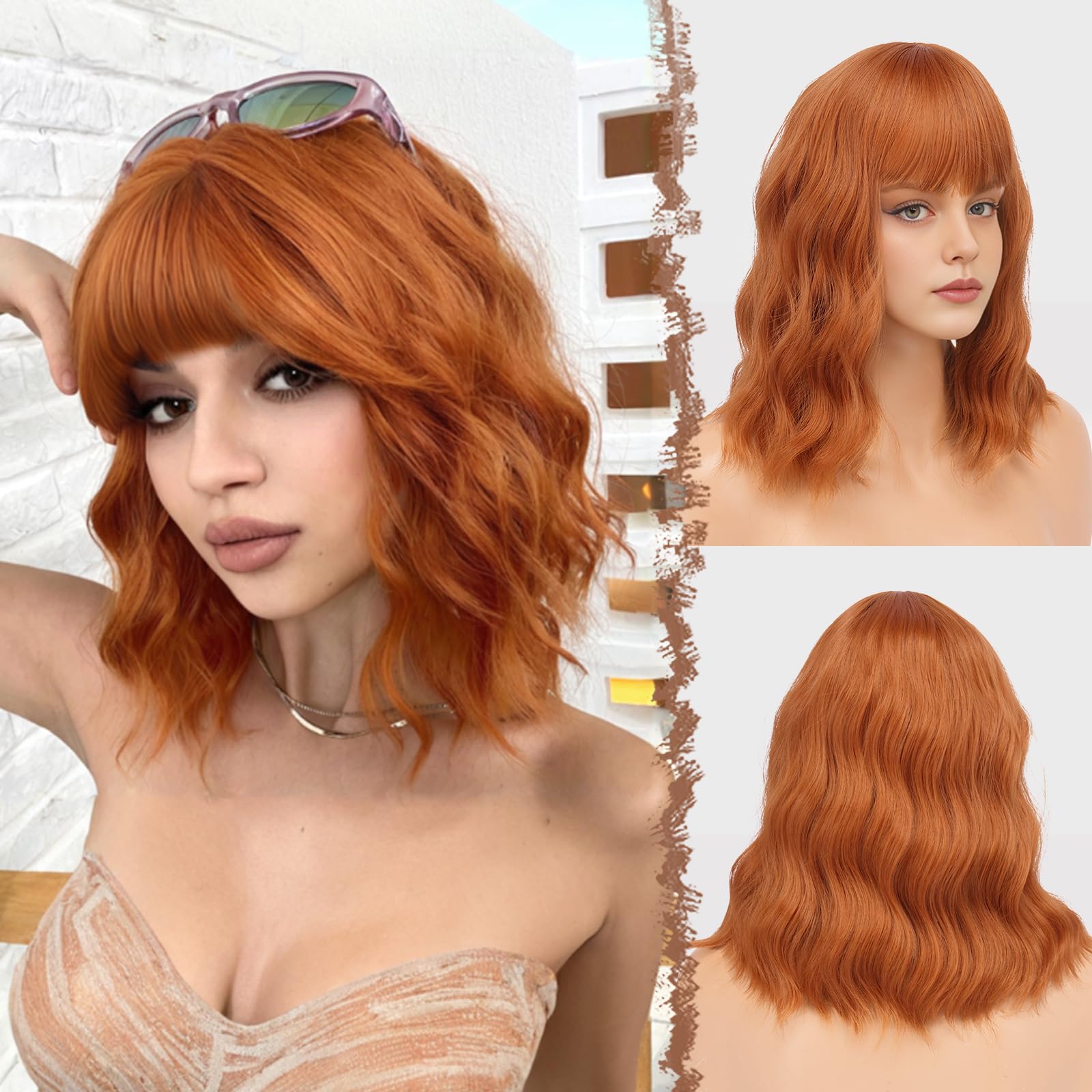 FESHFEN Perruque ondulée avec frange - 35 cm - Orange foncé - Longueur épaules dénudées - Cheveux synthétiques - Pour femme et femme - Pour le quotidien, le carnaval