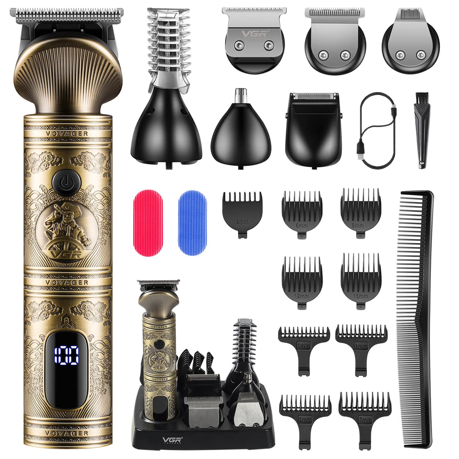 VGR Beard Trimmer for Men, Professional Mens Beard Grooming Kit, Electric Shavers Razors, Cordless Hair Clippers Trimmers for Face, Body, Nose, Mustache, Balls, Gifts for Men, 7 in 1