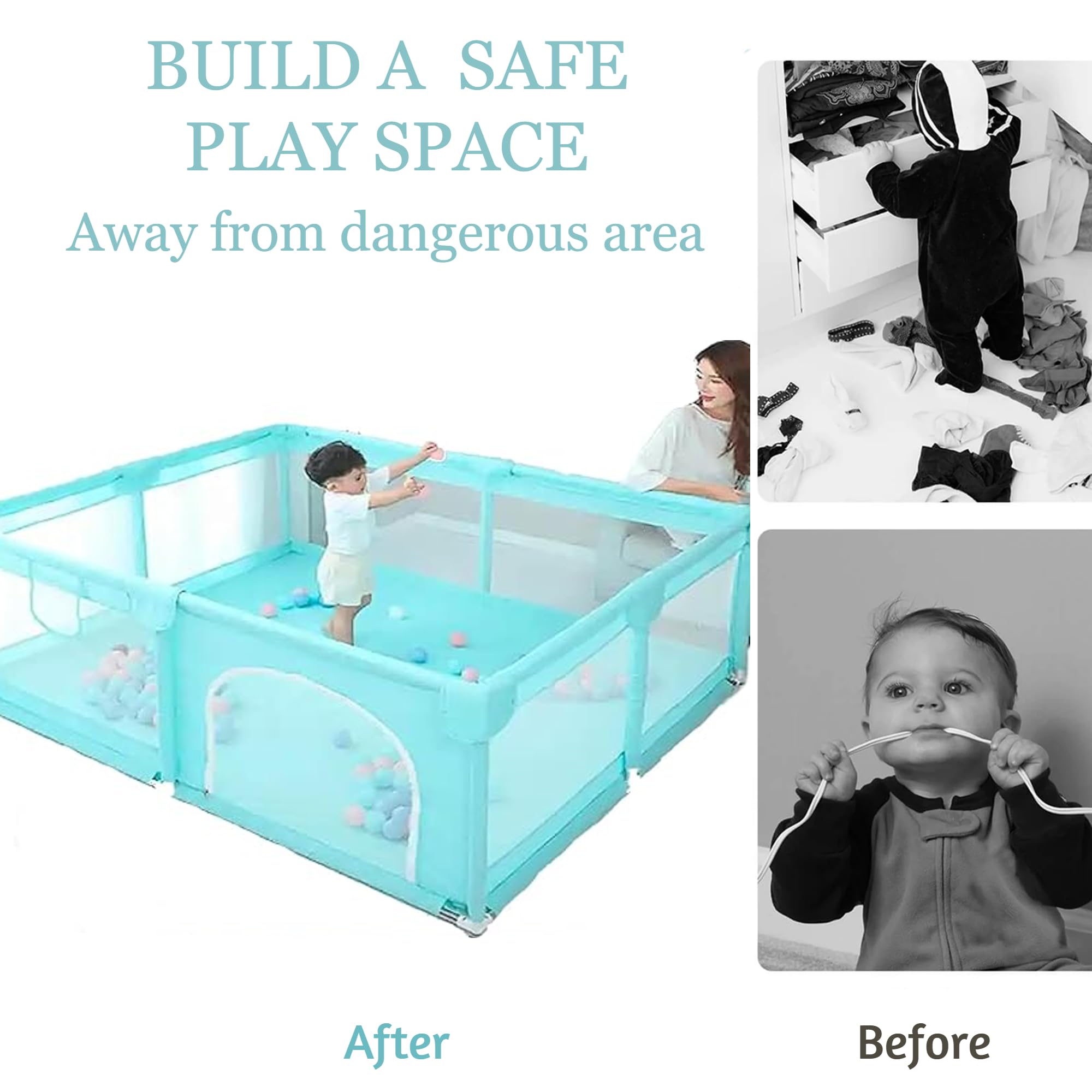 Careopeta 120*120 Cm Playpen for Babies Upto 5 Year Baby Fence Play Area Children Activity Play Yard for Kids Baby Play Area Indoor Setup Living Room Todldler Infant Play Pen Mesh with Balls (Light Green) - Image 4 thumbnail